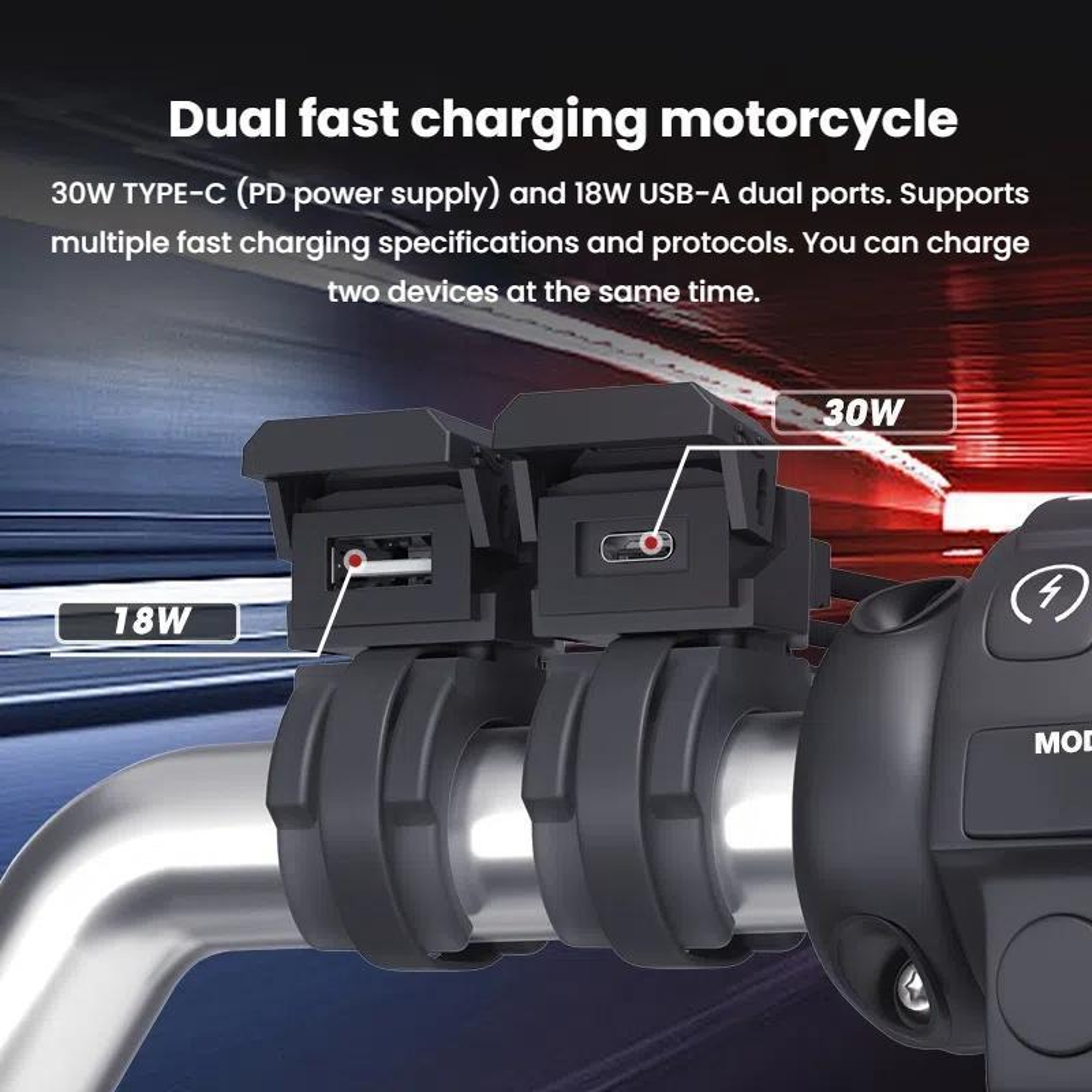 WUPP Waterproof Motorcycle USB Charger With 30W PD Fast Charging Dual USB C And USB A Ports 7