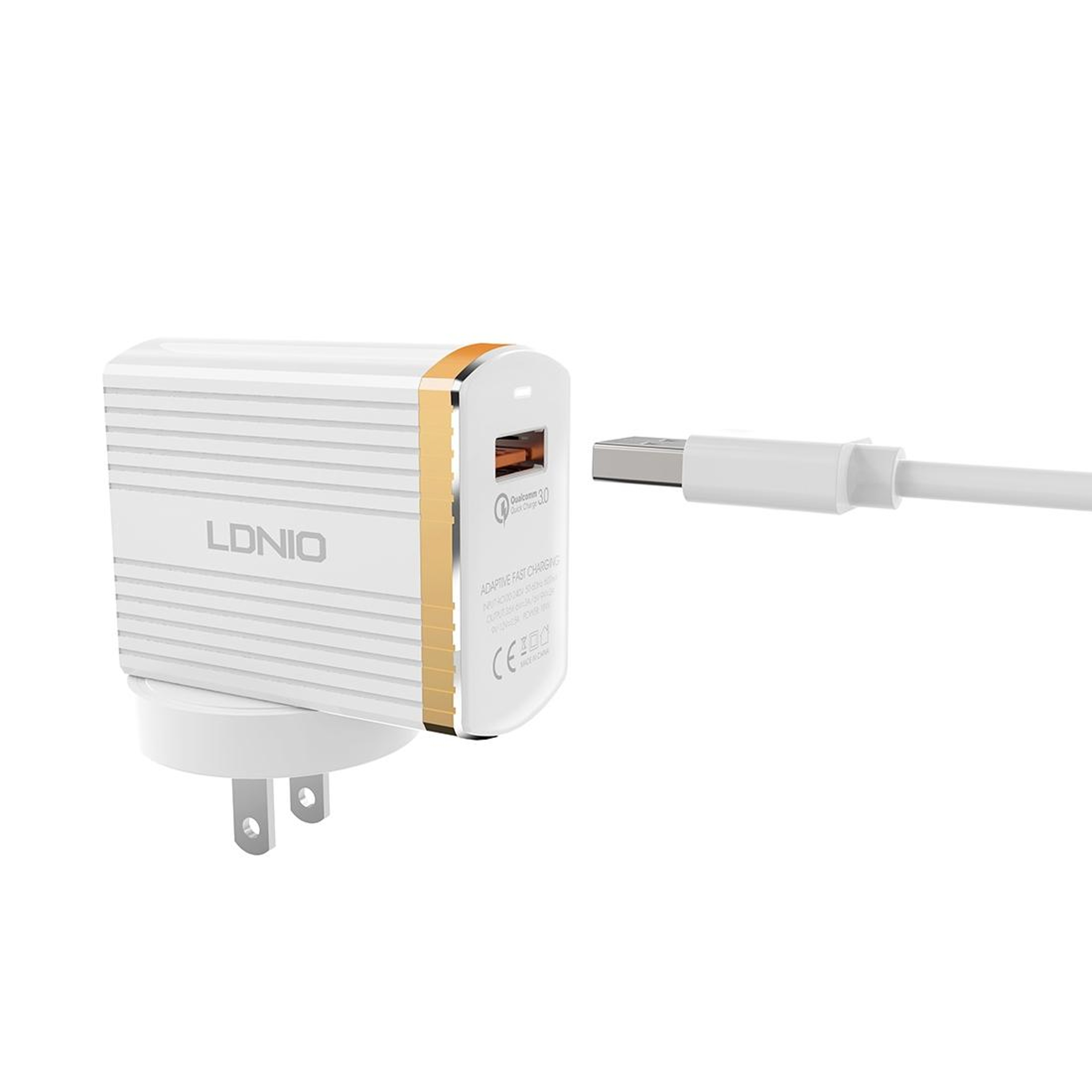 LDNIO A1302Q 18W QC30 USB Fast Travel Charger With Lightning Cable US Plug 1