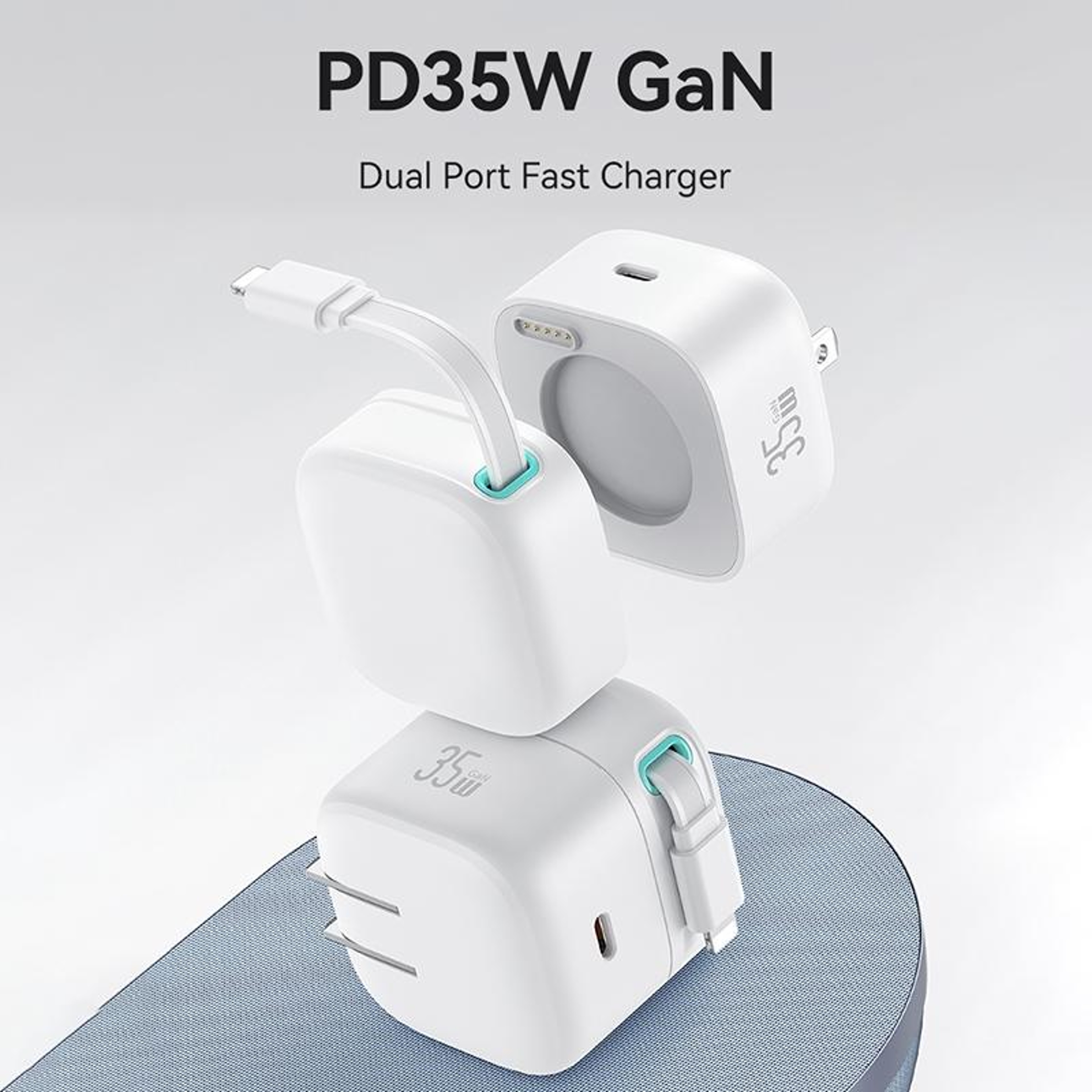 USAMS 35W GaN Fast Charger Dual Port USB C Charger With Retractable 8 Pin Cable US Plug 1
