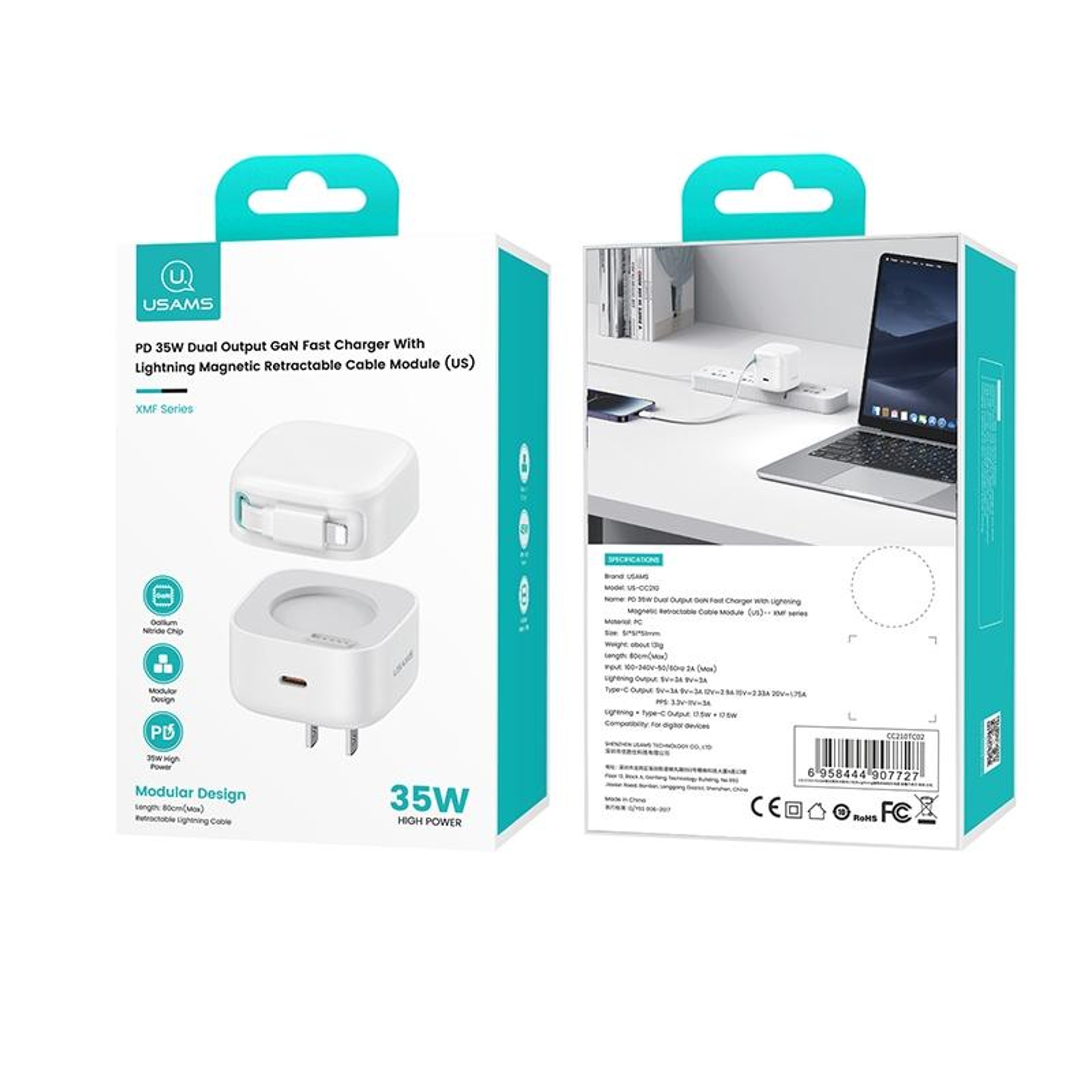 USAMS 35W GaN Fast Charger Dual Port USB C Charger With Retractable 8 Pin Cable US Plug 7