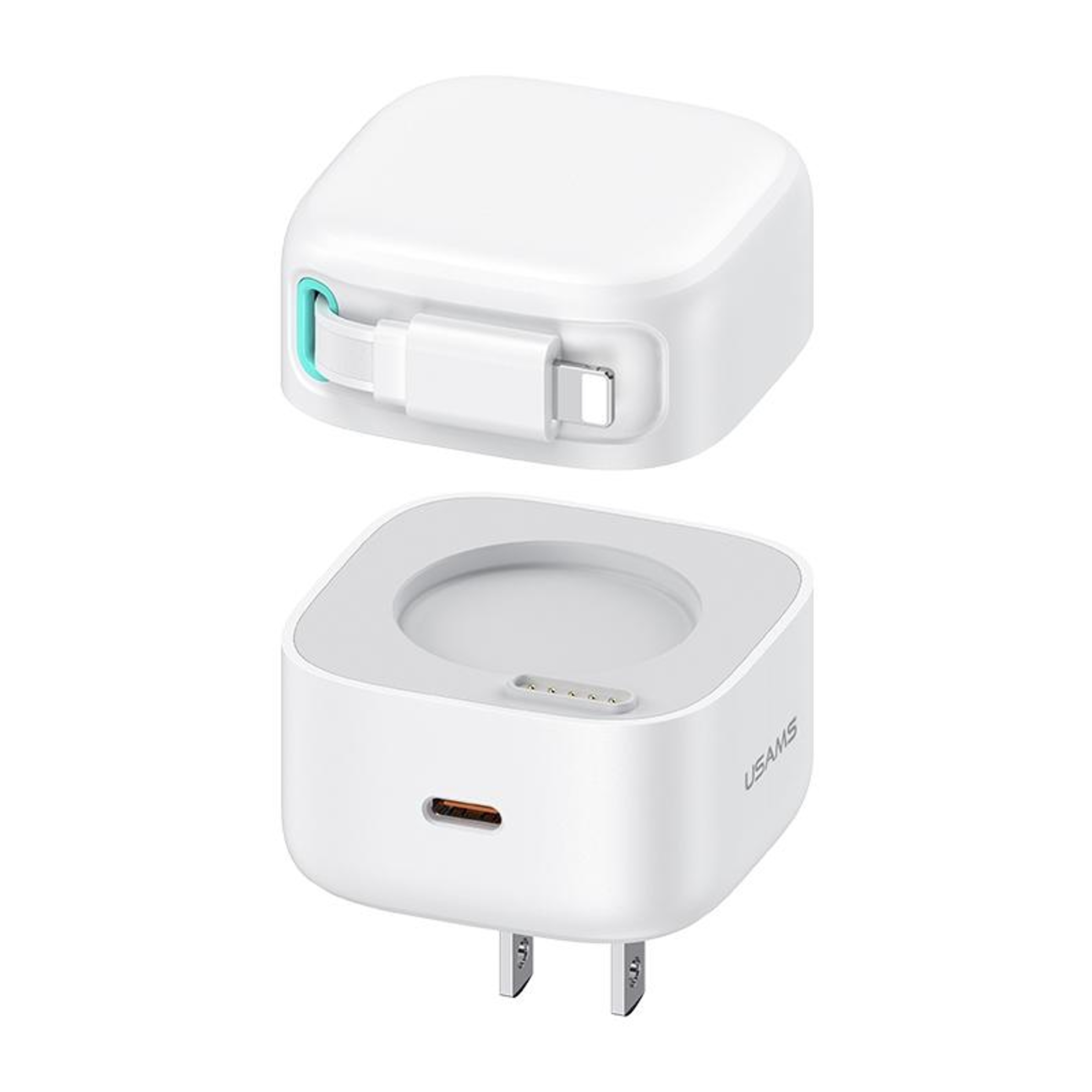 USAMS 35W GaN Fast Charger Dual Port USB C Charger With Retractable 8 Pin Cable US Plug 9
