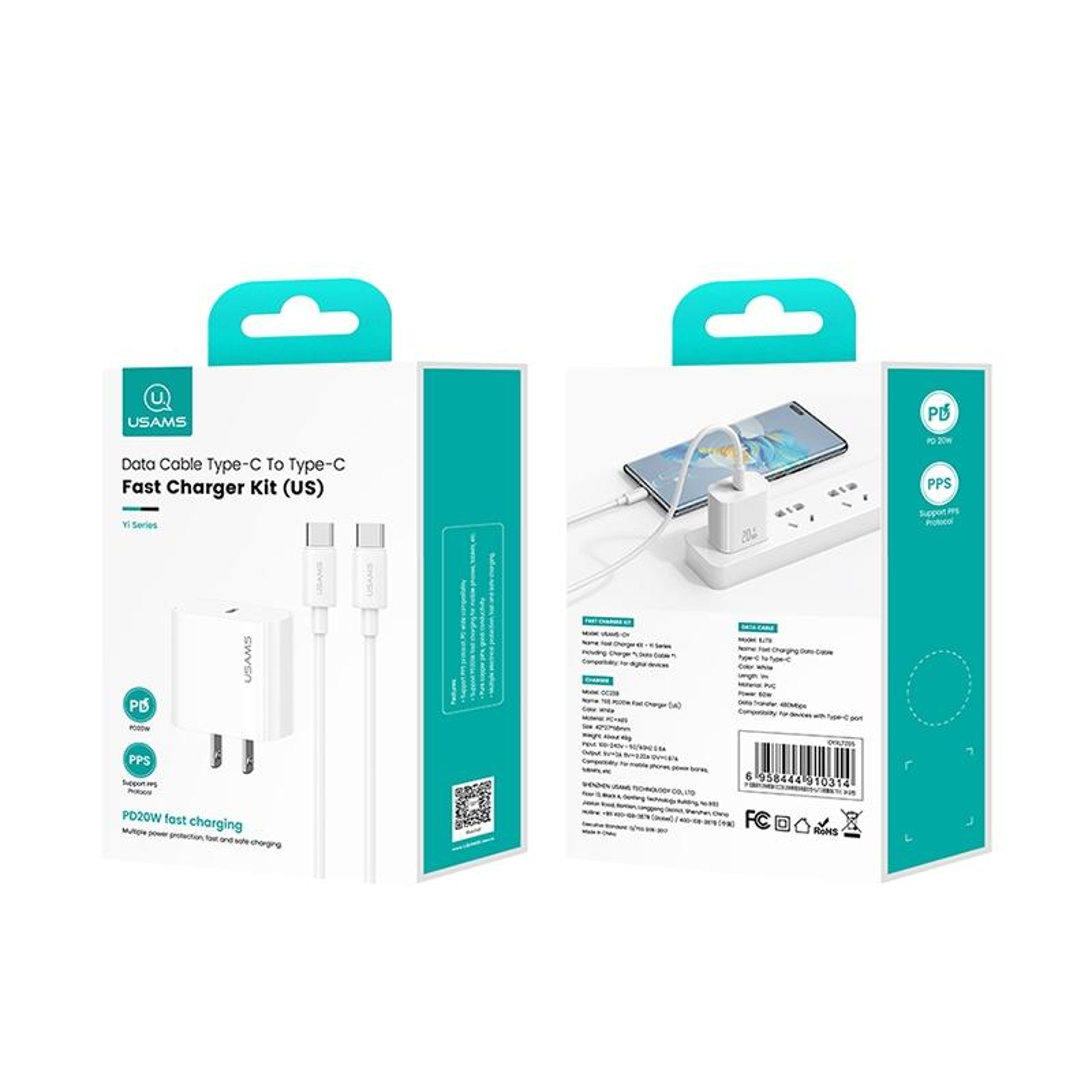 USAMS CC228 20W USB C Fast Charger Set With Type C Charging Cable US Plug 5