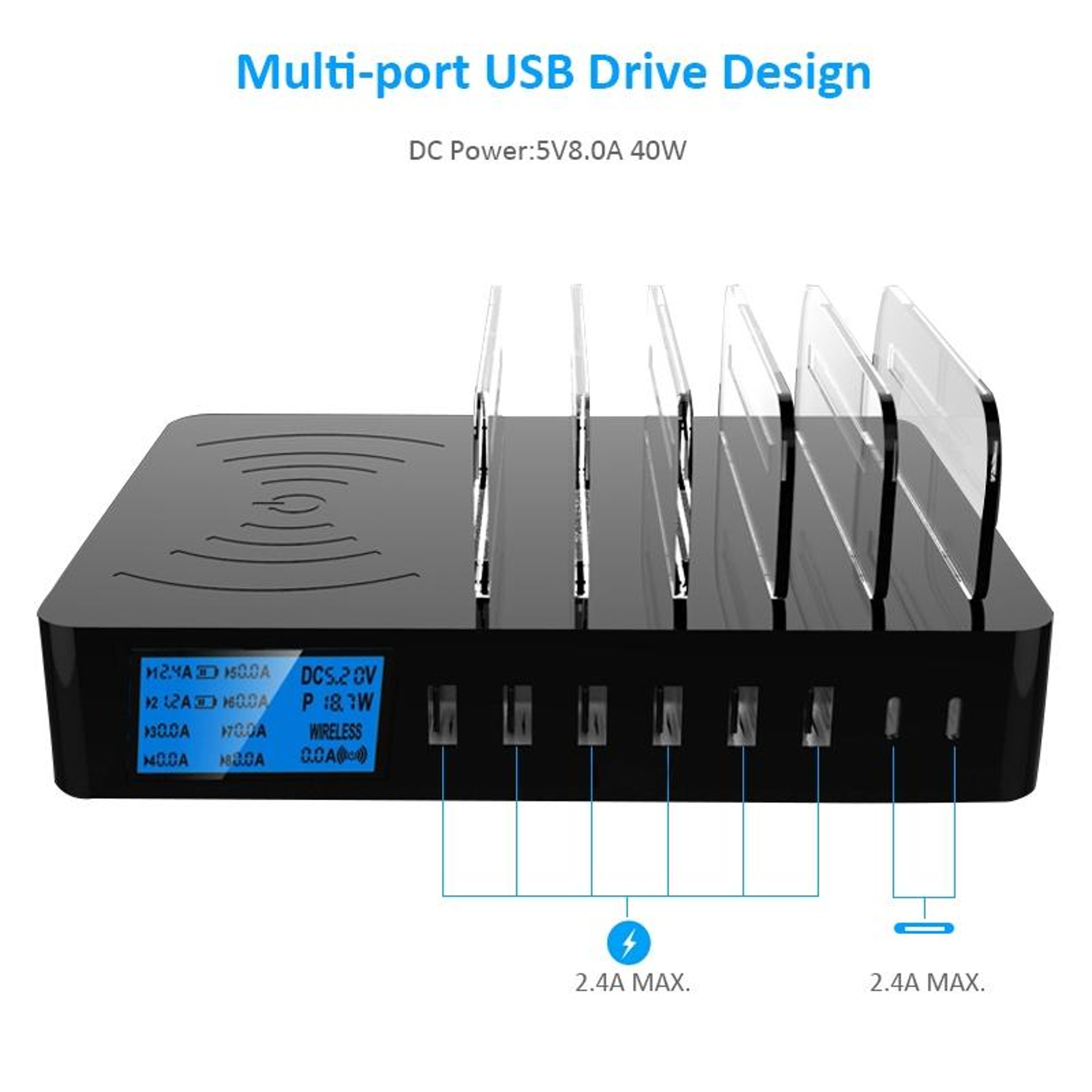 50W USB Charging Station With Wireless Charging 6 USB 2 USB C Ports LED Display Desktop Charging Do 7