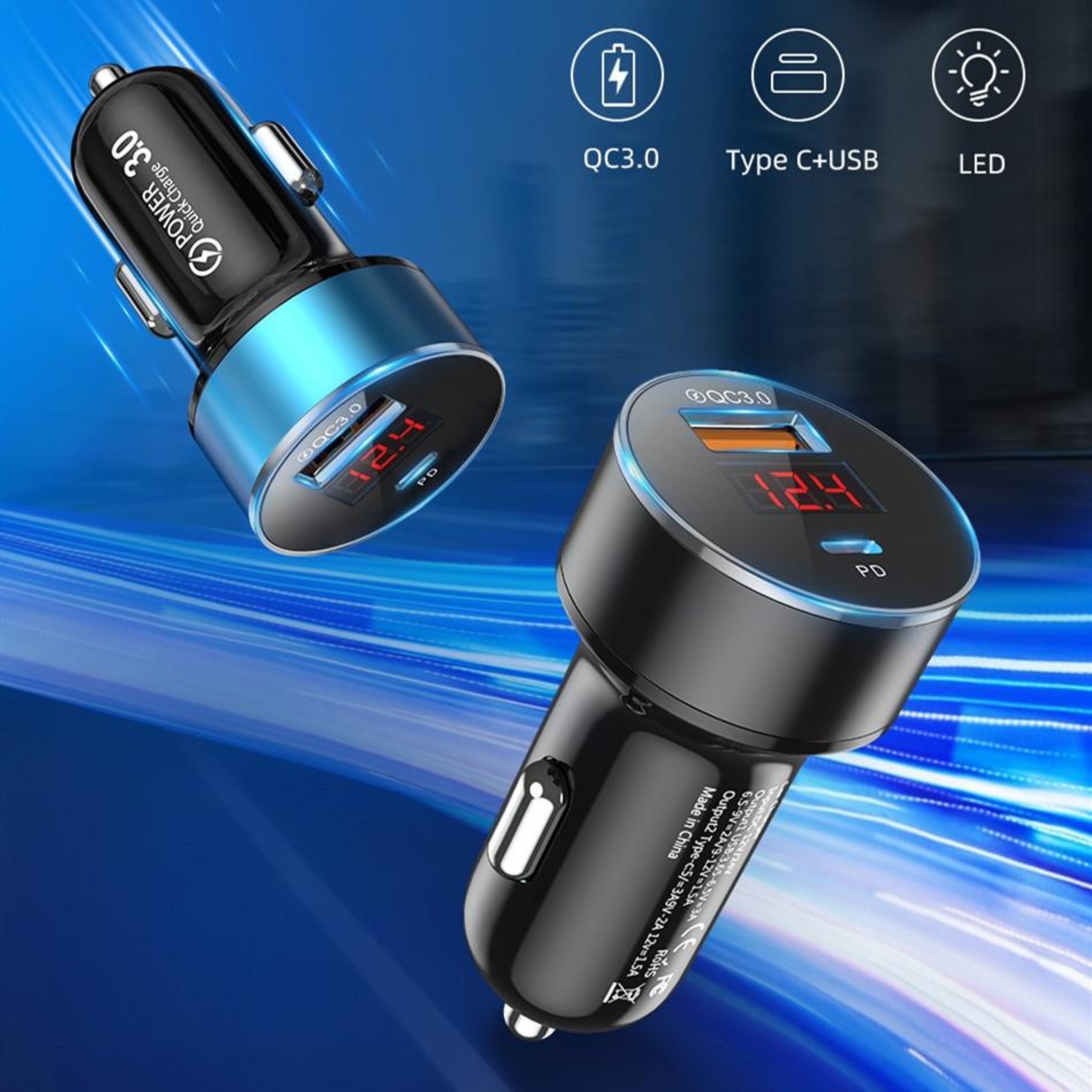 36W PD QC3.0 Fast Car Charger with LED Voltage Display Dual USB C Aluminum Alloy Adapter – view 8