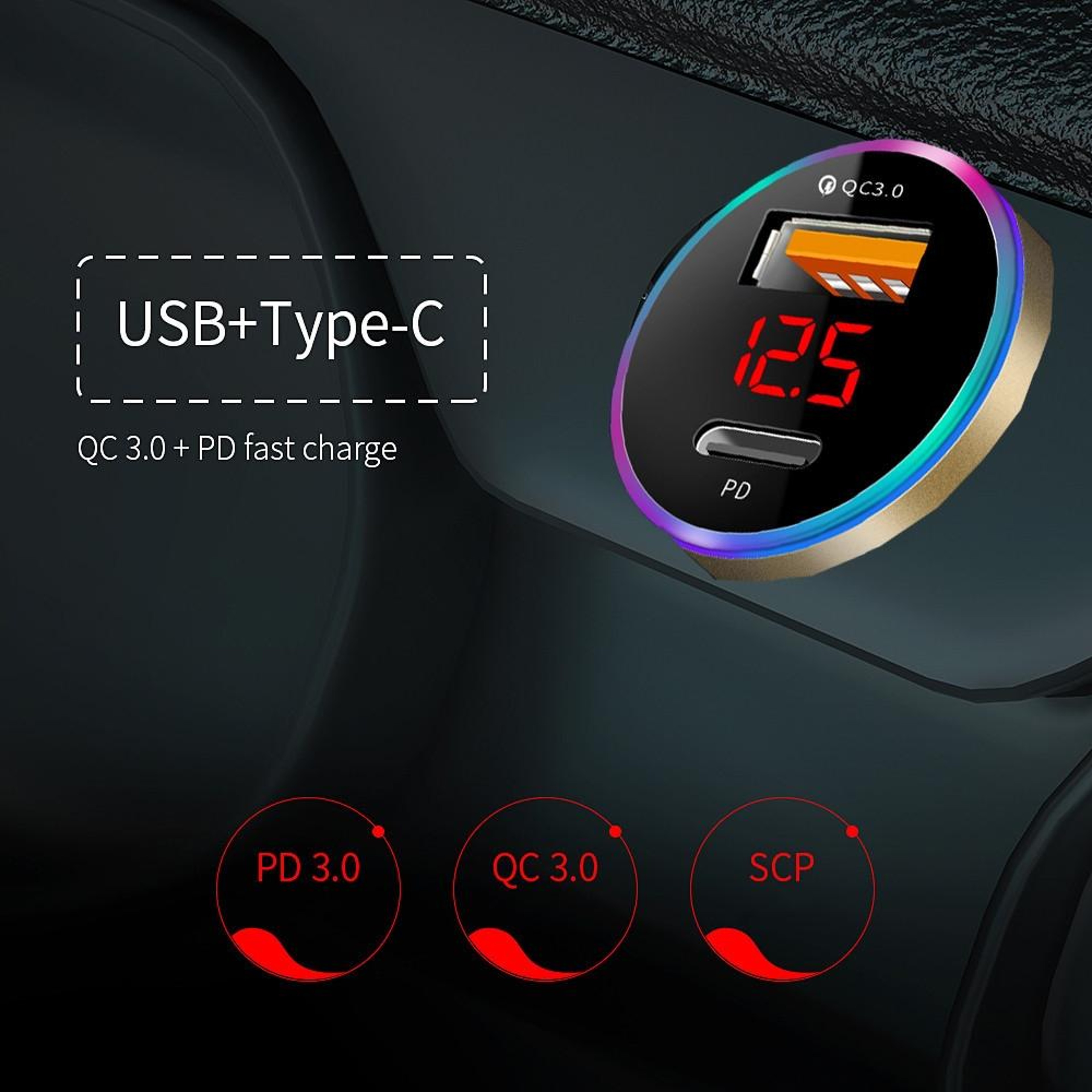 36W PD QC3.0 Fast Car Charger with LED Voltage Display Dual USB C Aluminum Alloy Adapter – view 9