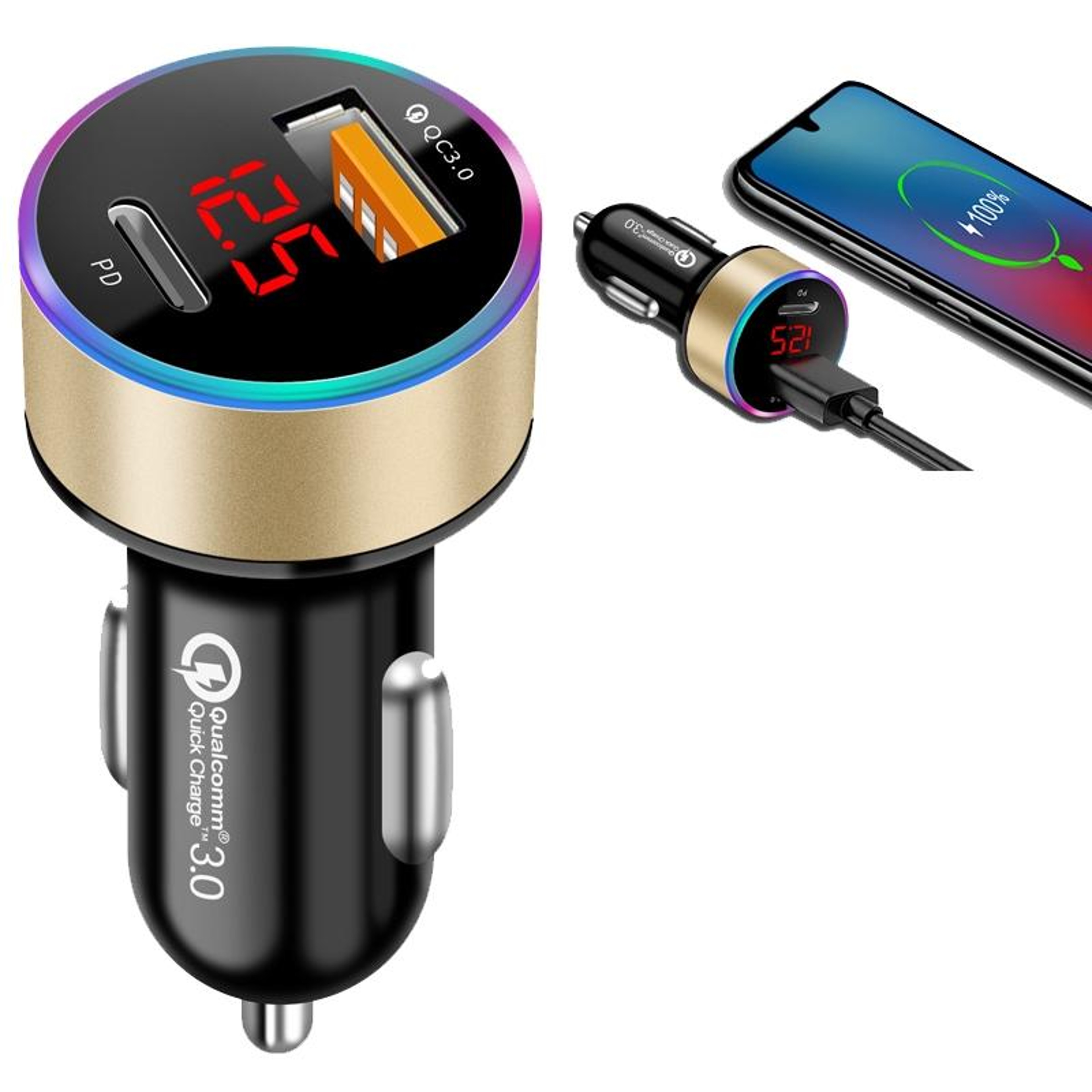 36W PD QC3.0 Fast Car Charger with LED Voltage Display Dual USB C Aluminum Alloy Adapter – view 7