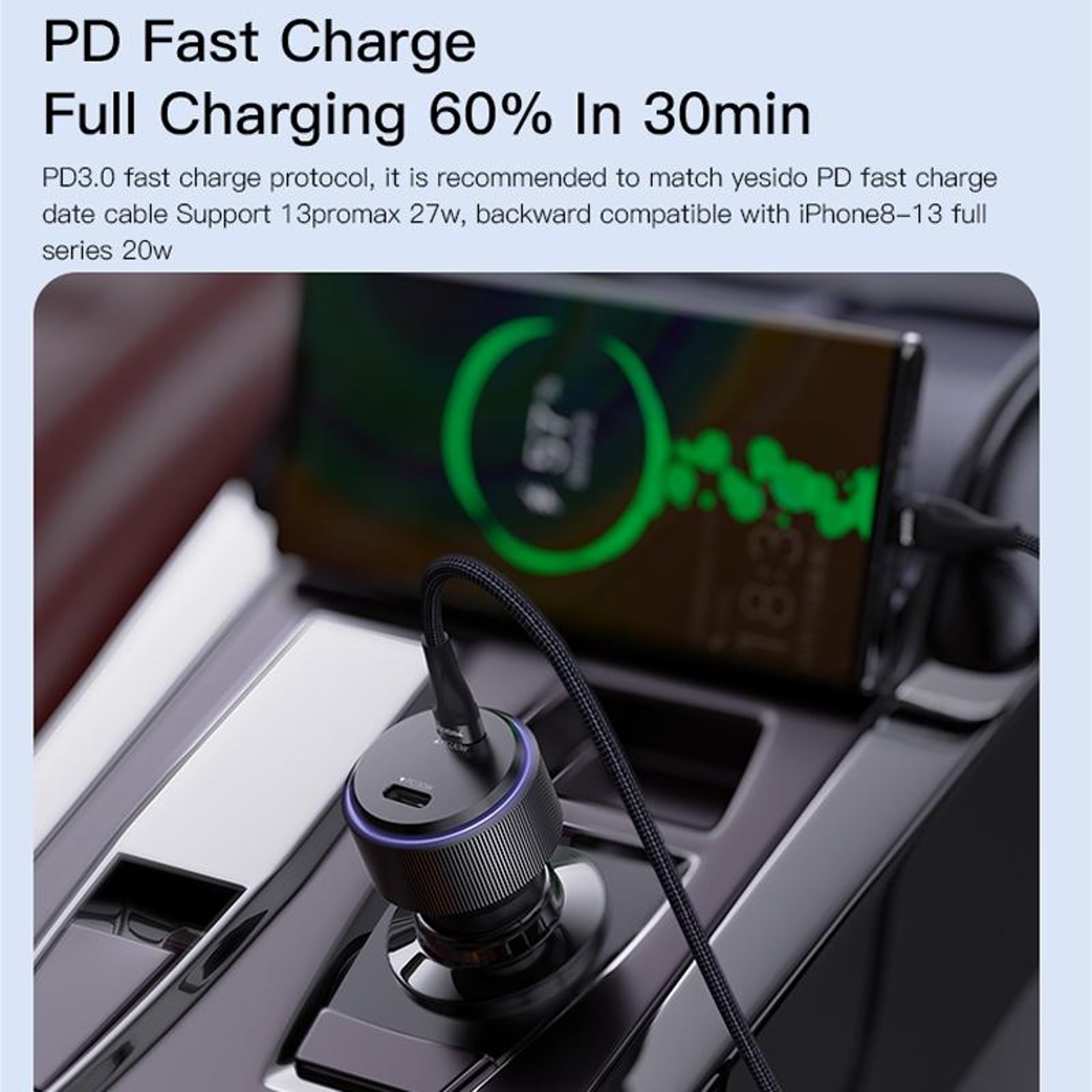 Yesido Y48 60W Car Charger Dual USB C Car Charger PD Fast Charging Adapter 2