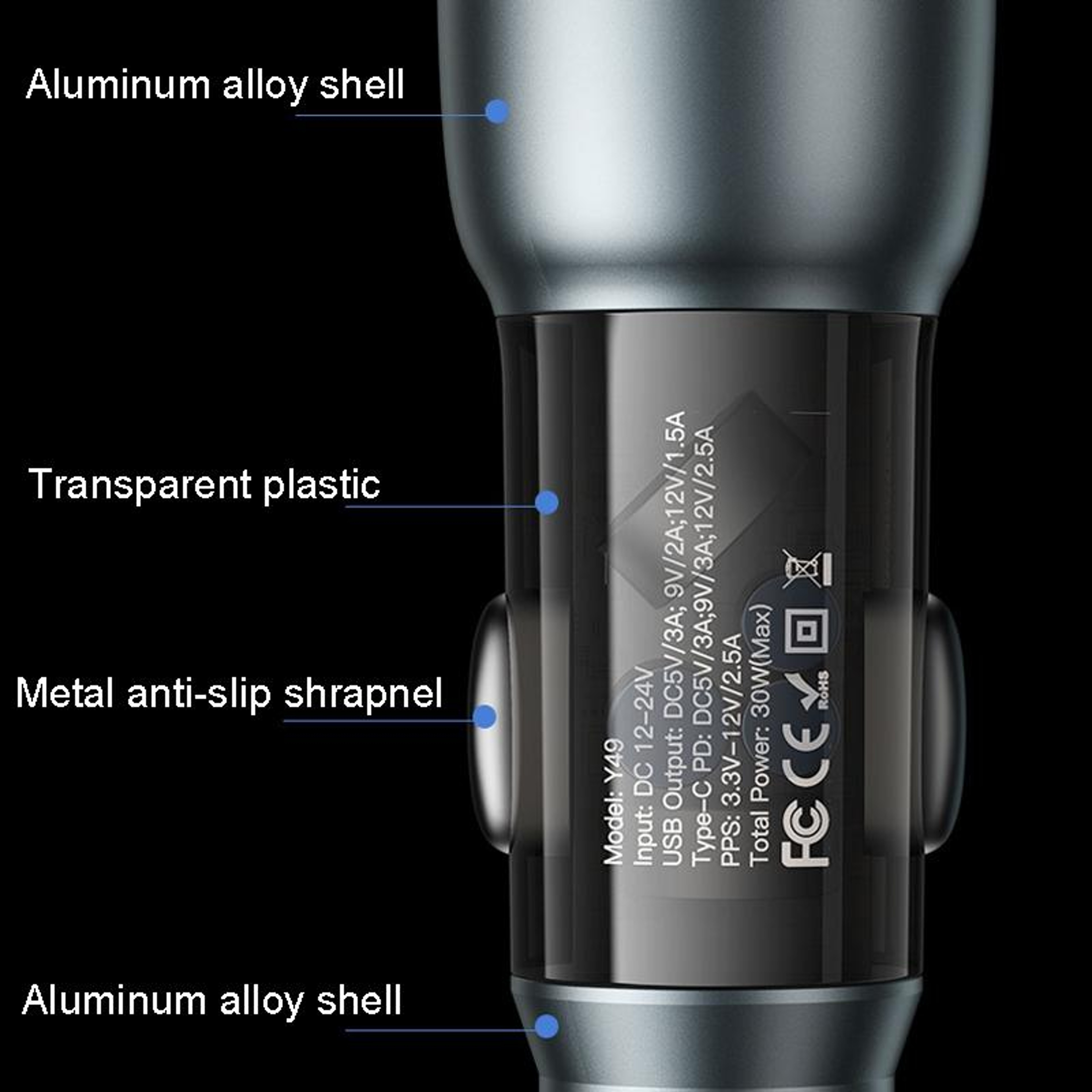 Yesido Y49 30W USB C Car Charger Dual Port PD QC30 Fast Charging Adapter 3