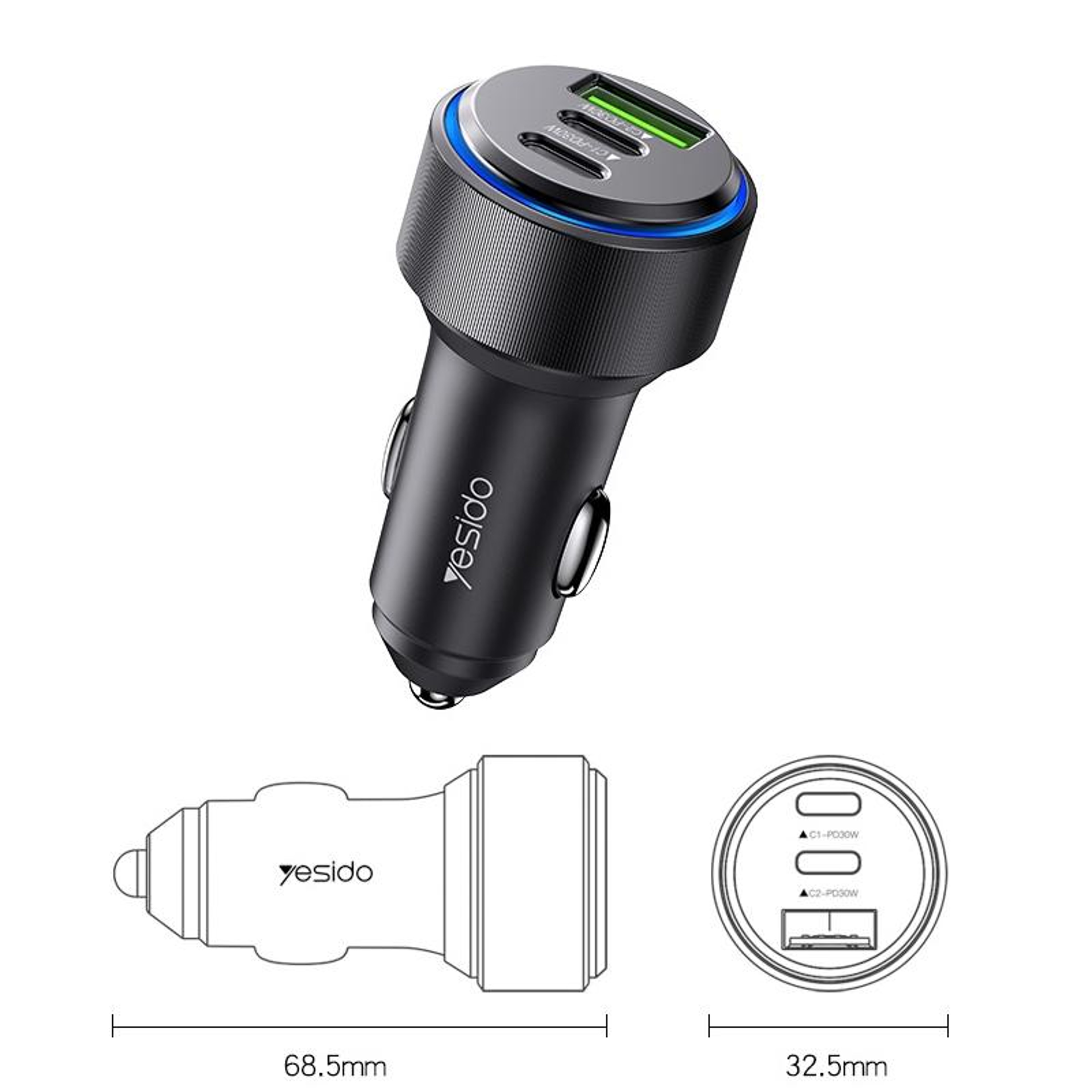 Yesido Y50 30W USB Car Charger PD Fast Charging Adapter With Dual USB C And USB A Ports 1
