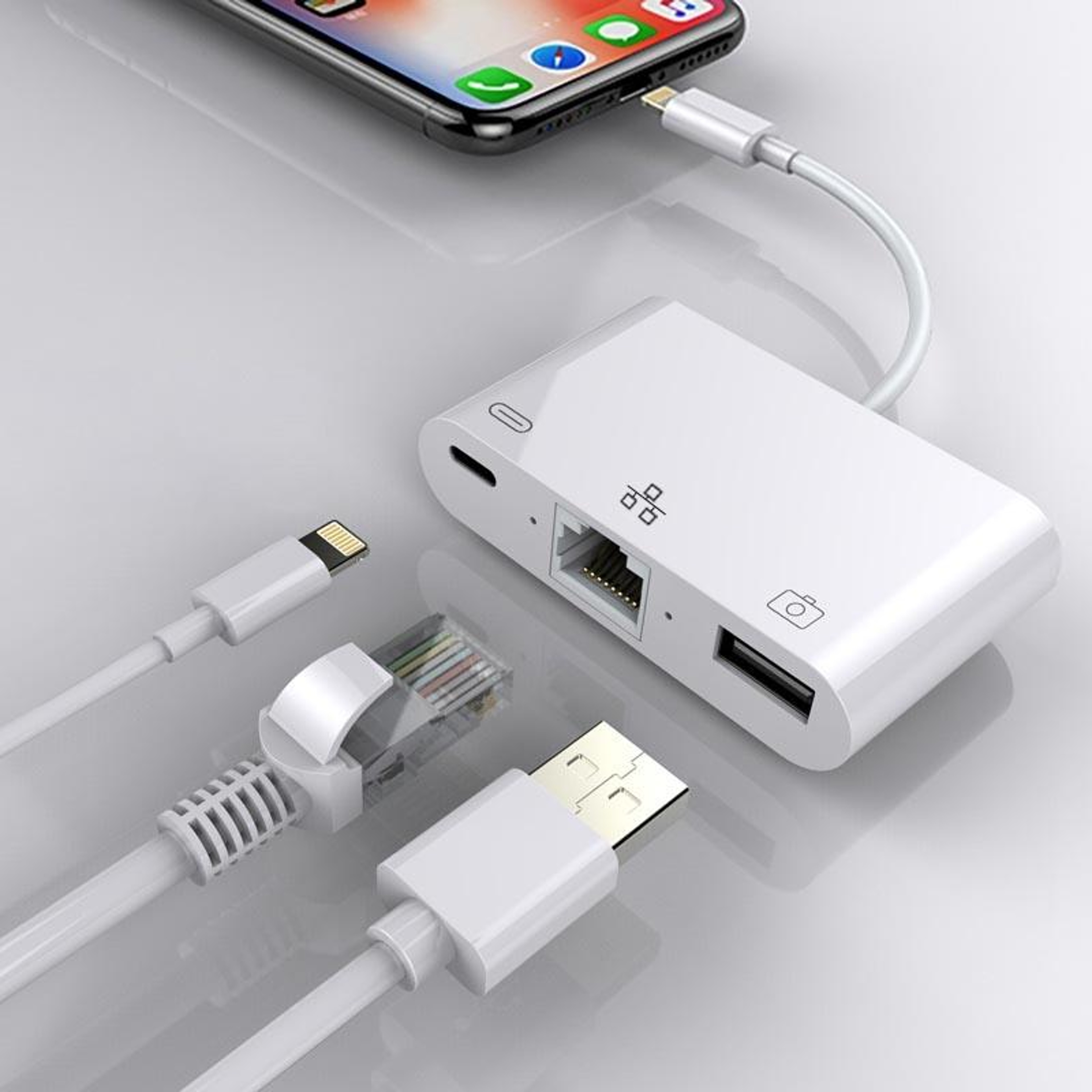 Lightning Ethernet Adapter With RJ45 Network USB Camera Reader And Charging Port For IPhone IPad 3