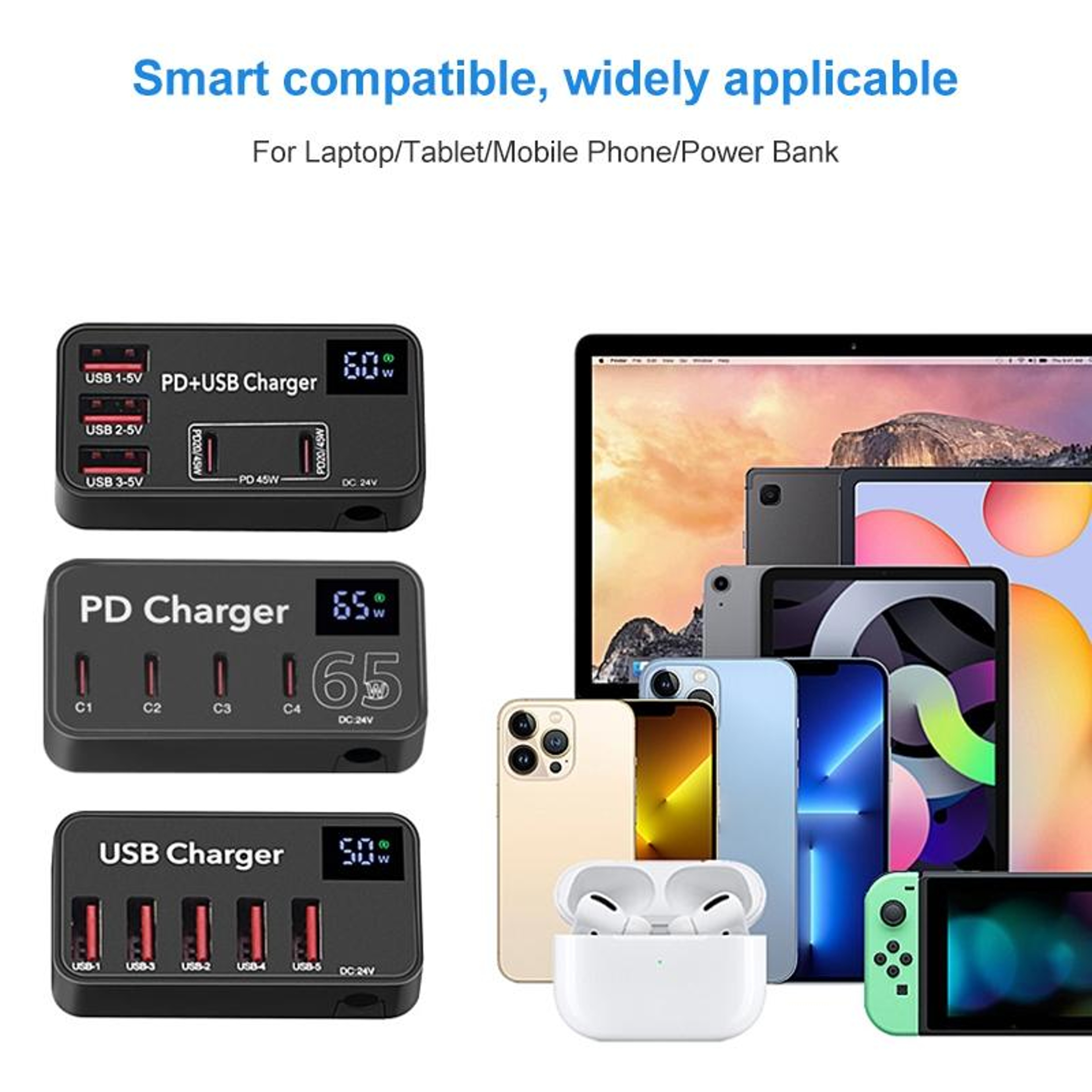 988B 60W 5 Port USB Charger With Dual USBC Digital Display Fast Charging Adapter 5