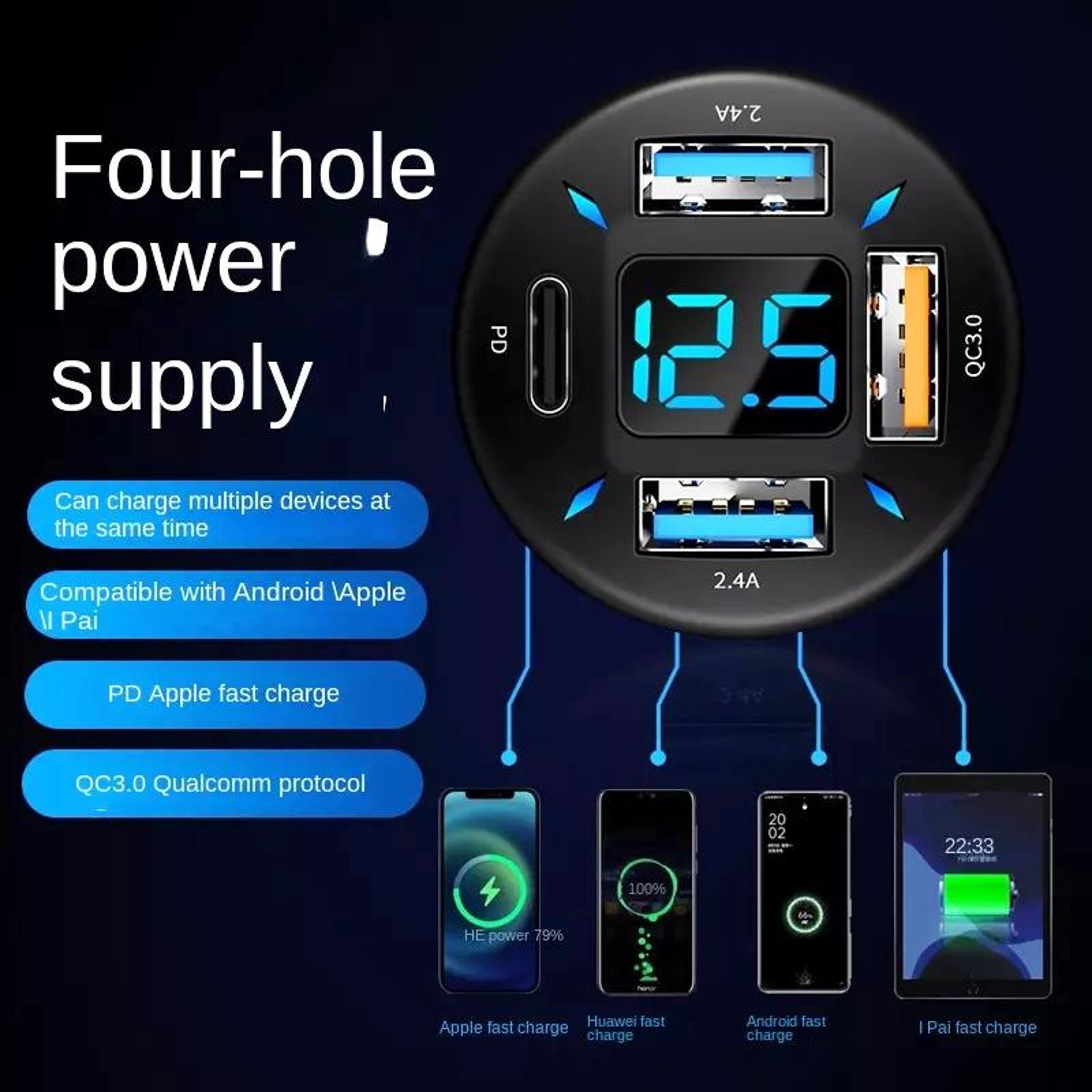 4 Port USB Car Charger With PD20W QC30 Fast Charging And Digital Voltage Display 4