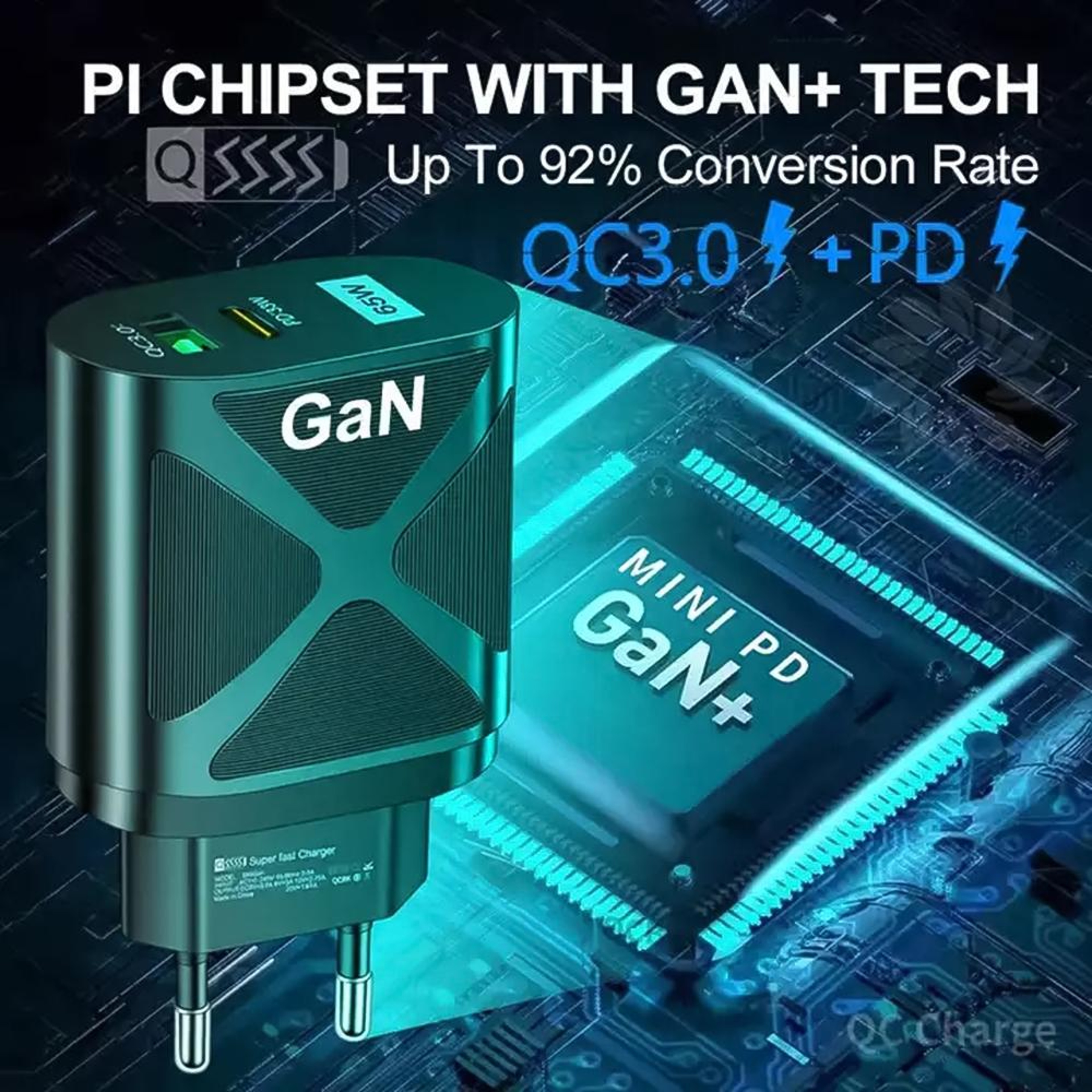 65W GaN Charger USB C Fast Wall Charger With Dual USB Type C PD 30 QC 30 Power Adapter US Plug 5