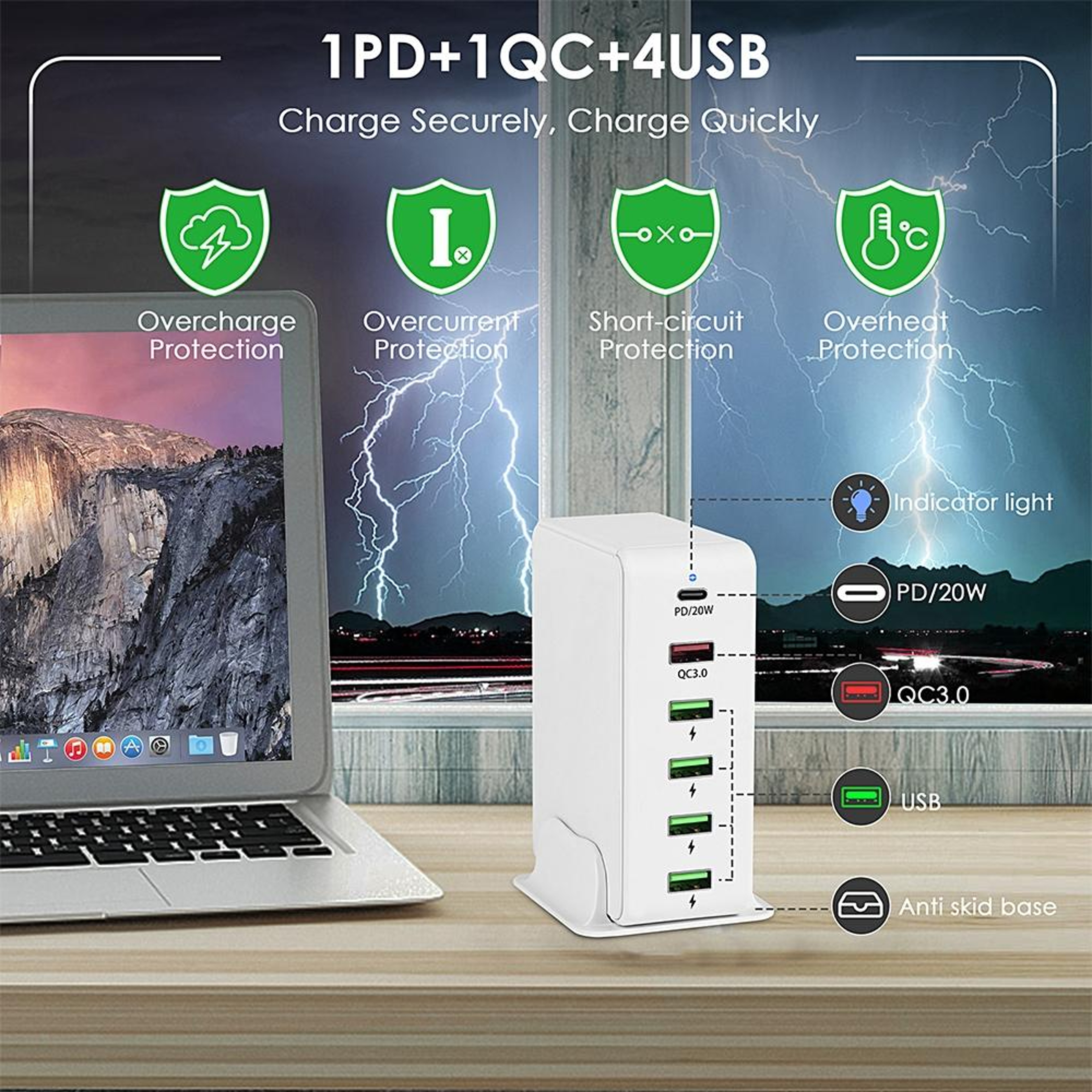65W USB C Charger 6 Port Multi Port USB Charger With PD Fast Charging Travel Charging Station US Pl 5