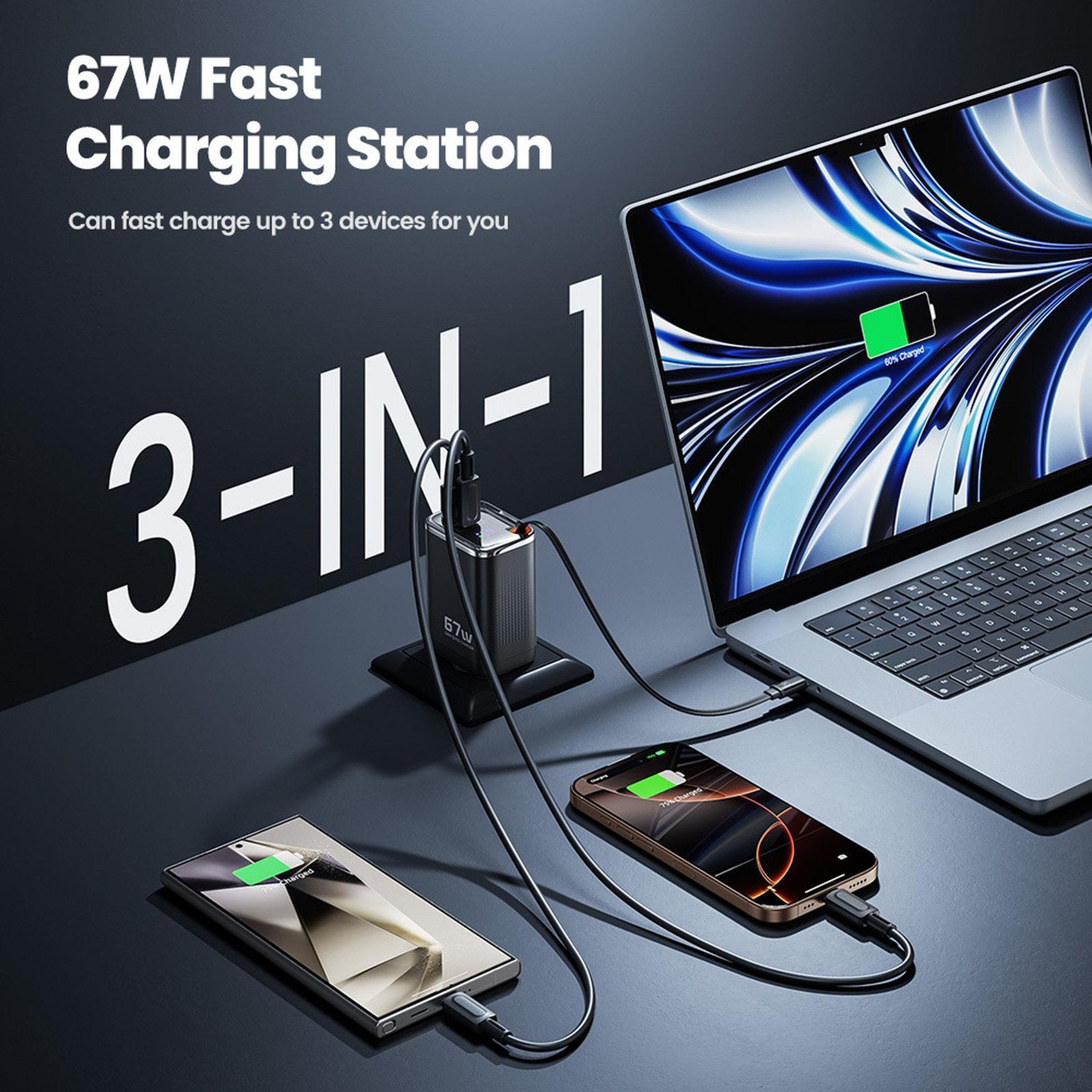 Toocki 67W USB C Charger 3 Port Fast Charging Station with Retractable USB C Cable LED Display – view 2