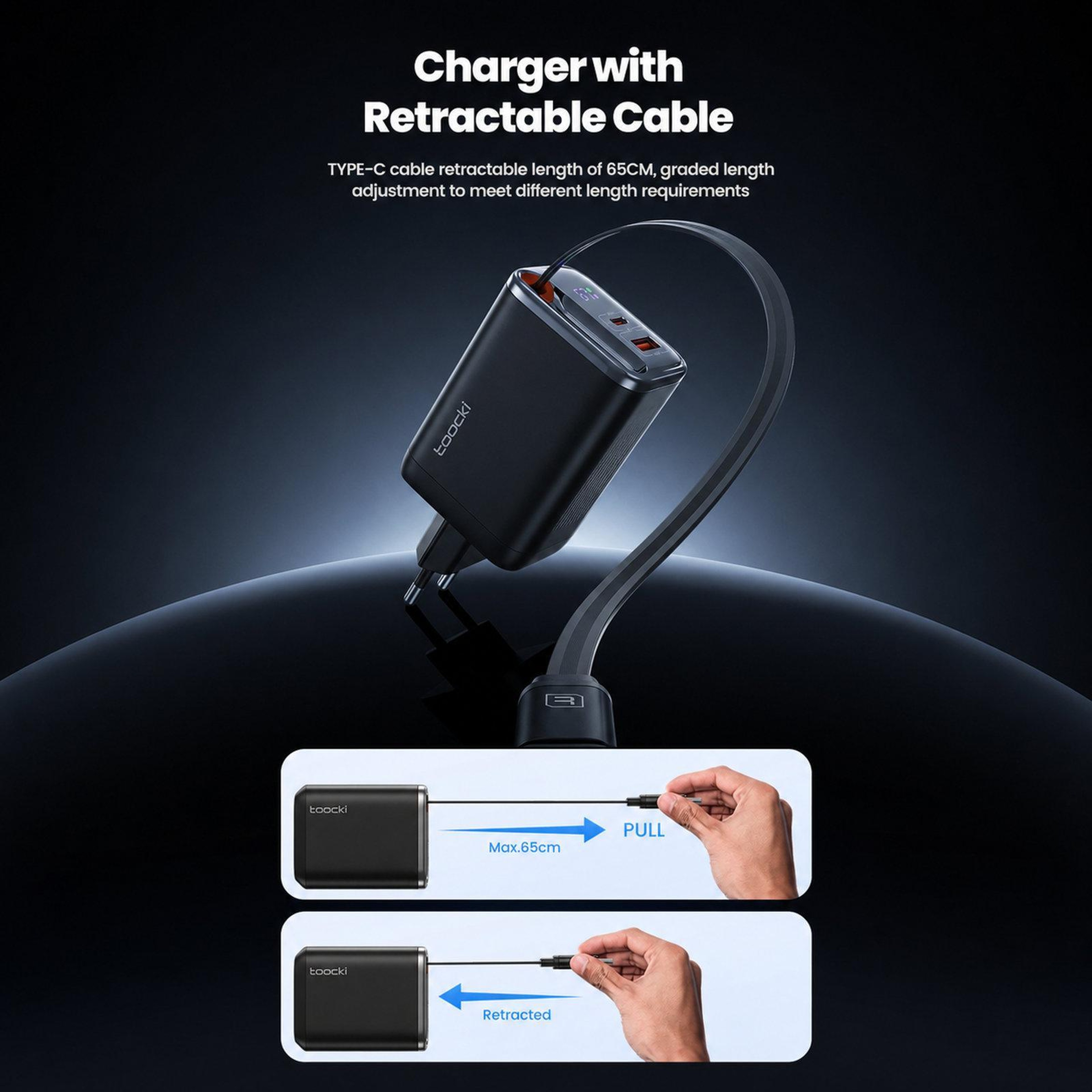 Toocki 67W USB C Charger 3 Port Fast Charging Station with Retractable USB C Cable LED Display – view 3