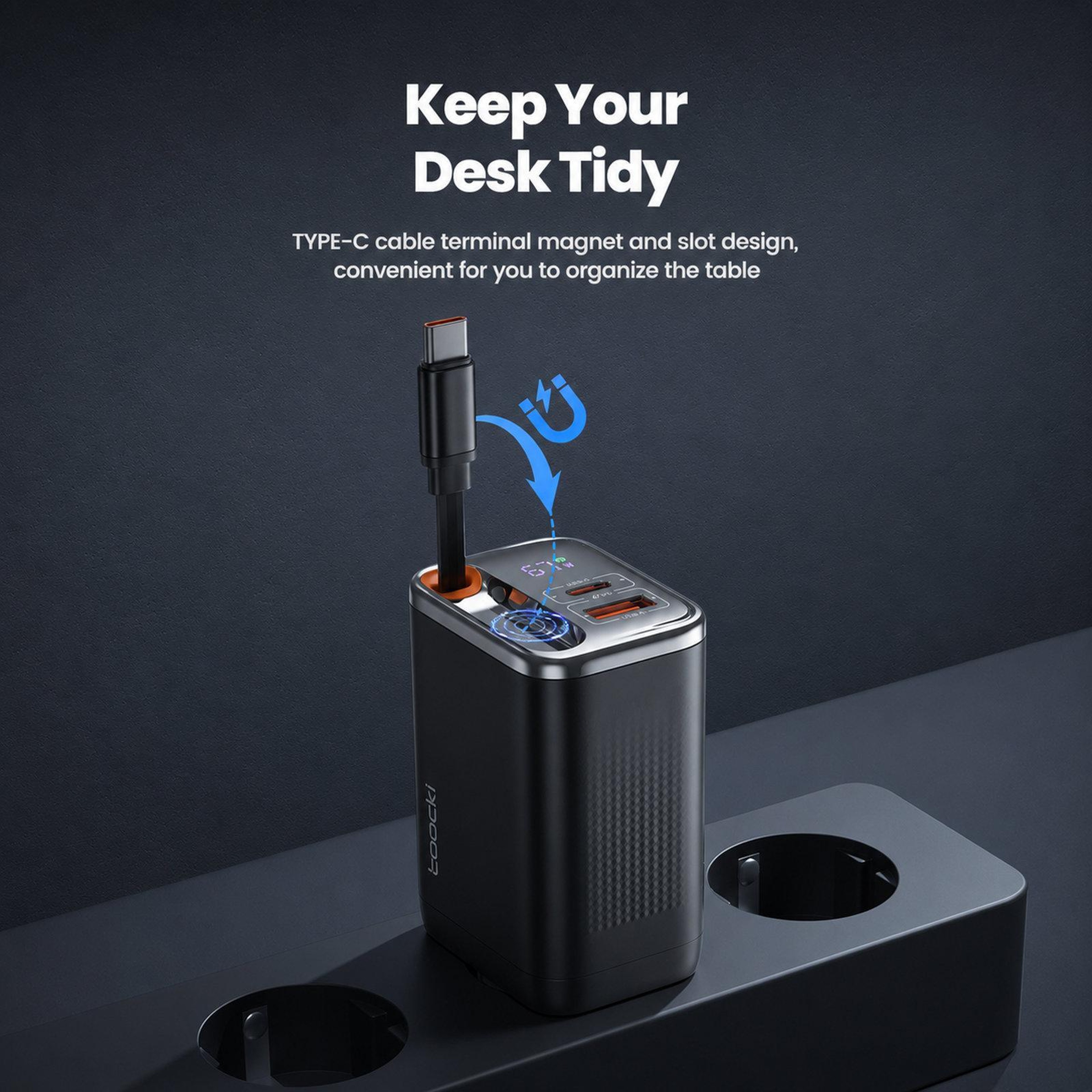 Toocki 67W USB C Charger 3 Port Fast Charging Station with Retractable USB C Cable LED Display – view 5
