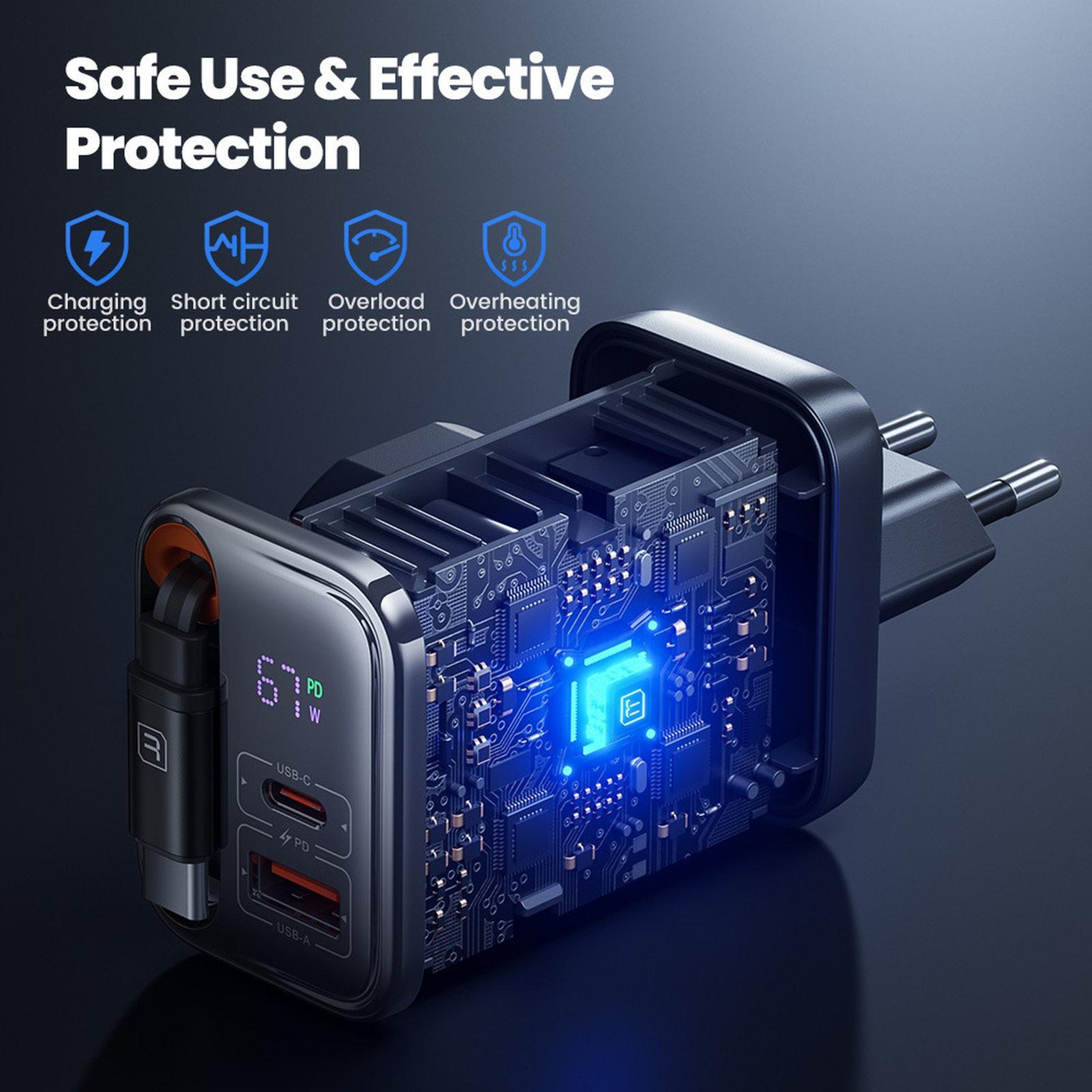 Toocki 67W USB C Charger 3 Port Fast Charging Station with Retractable USB C Cable LED Display – view 7