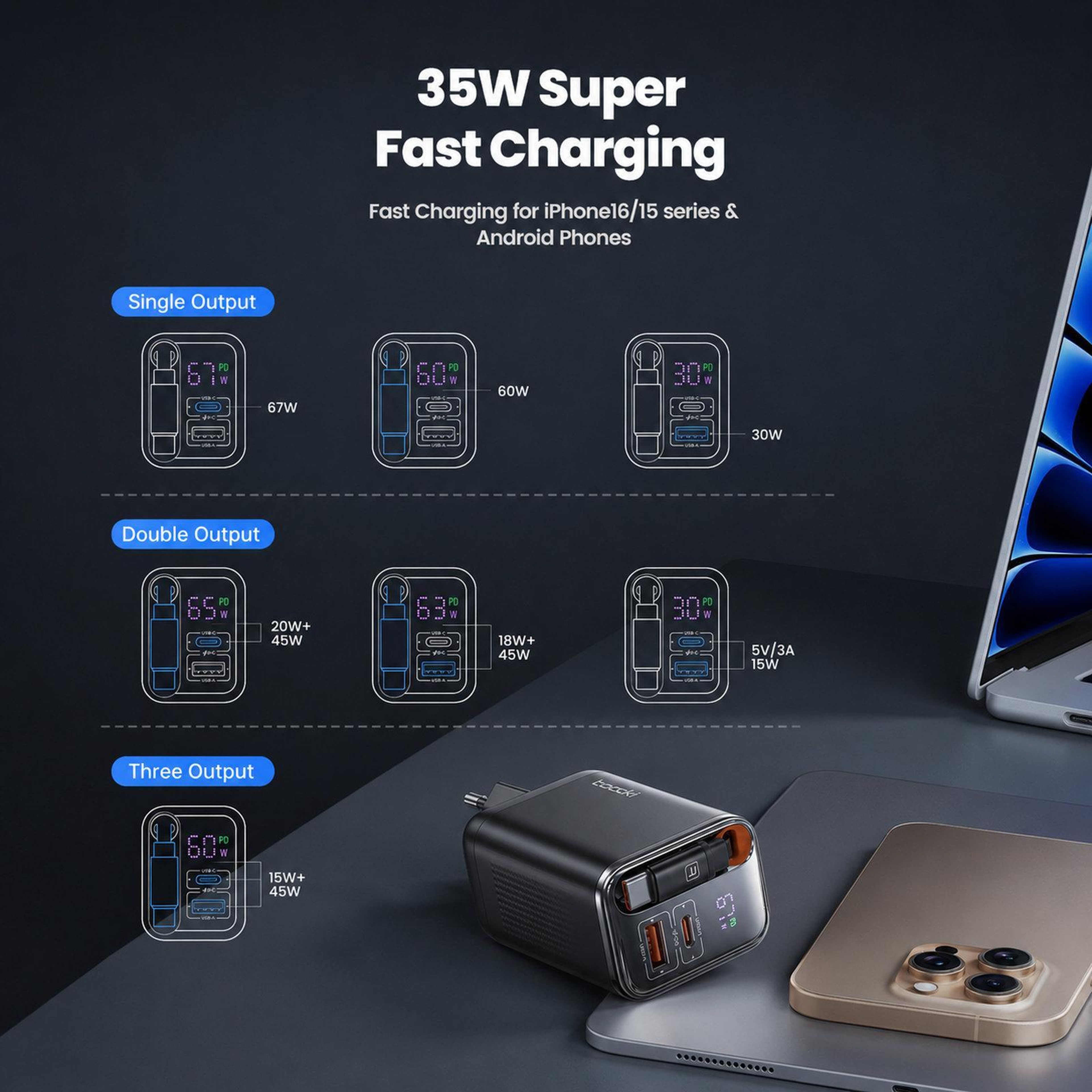 Toocki 67W USB C Charger 3 Port Fast Charging Station with Retractable USB C Cable LED Display – view 8