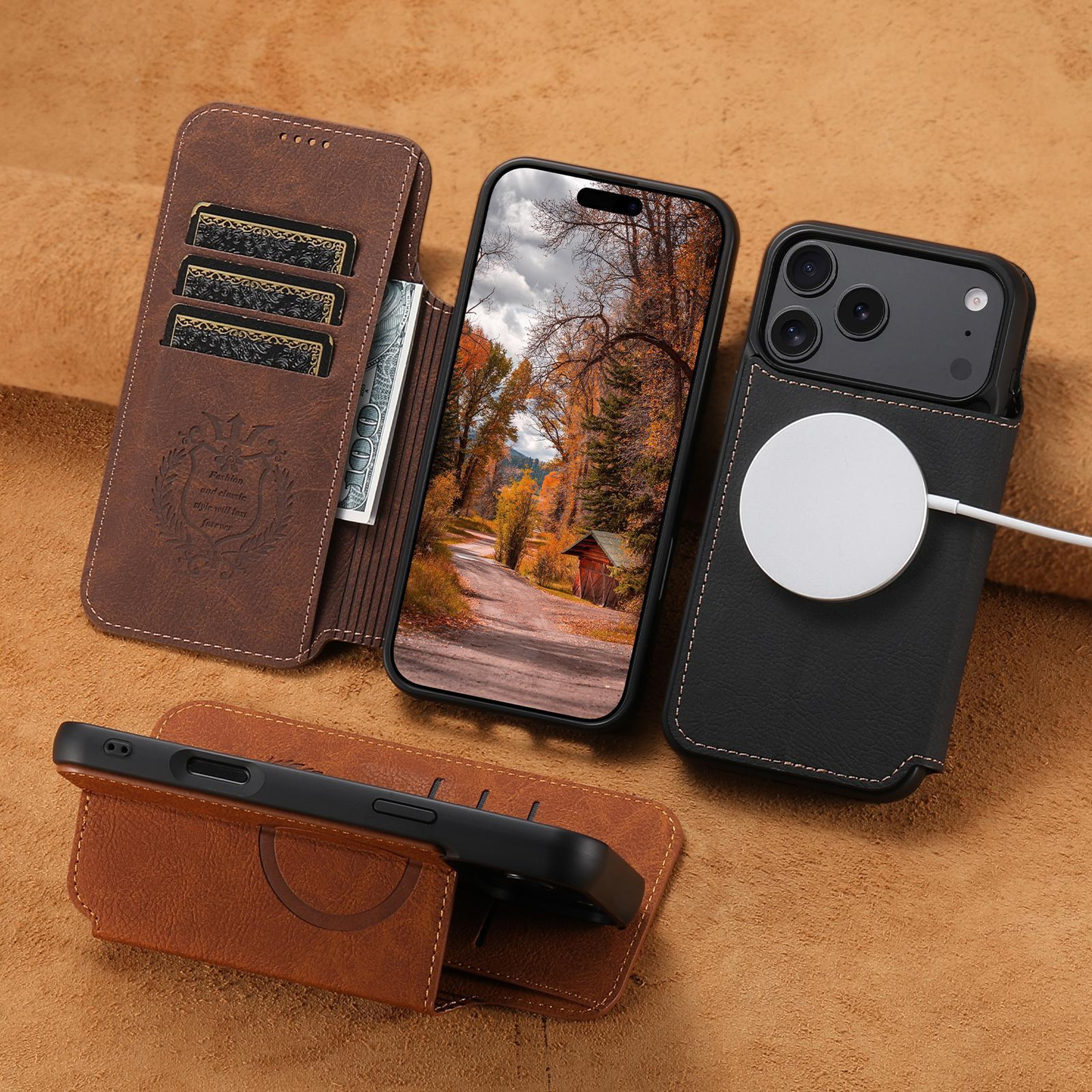 Suteni J06 IPhone 16 Plus MagSafe Case Retro Litchi Leather Wallet Kickstand Cover 5