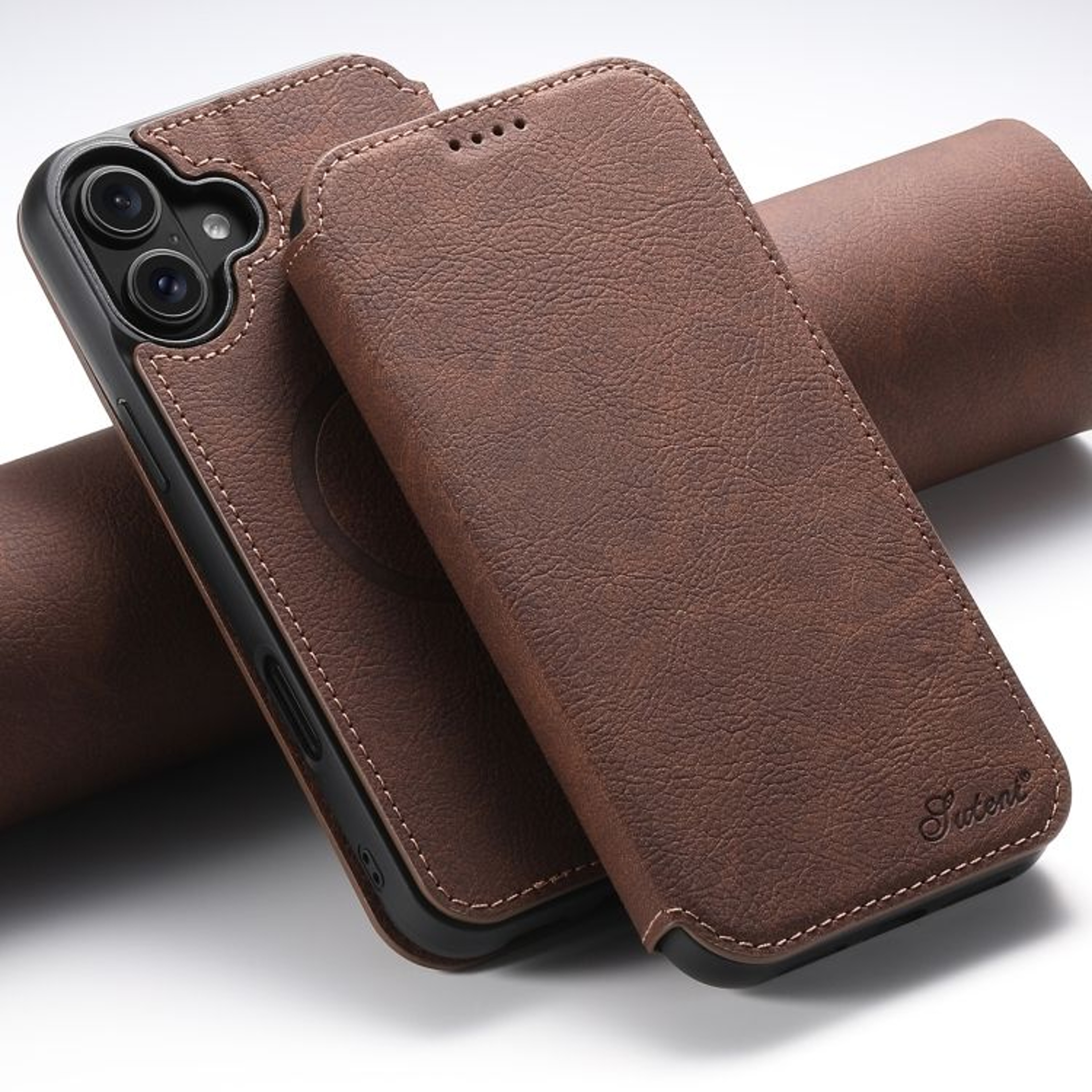 Suteni J06 IPhone 16 Plus MagSafe Case Retro Litchi Leather Wallet Kickstand Cover 7