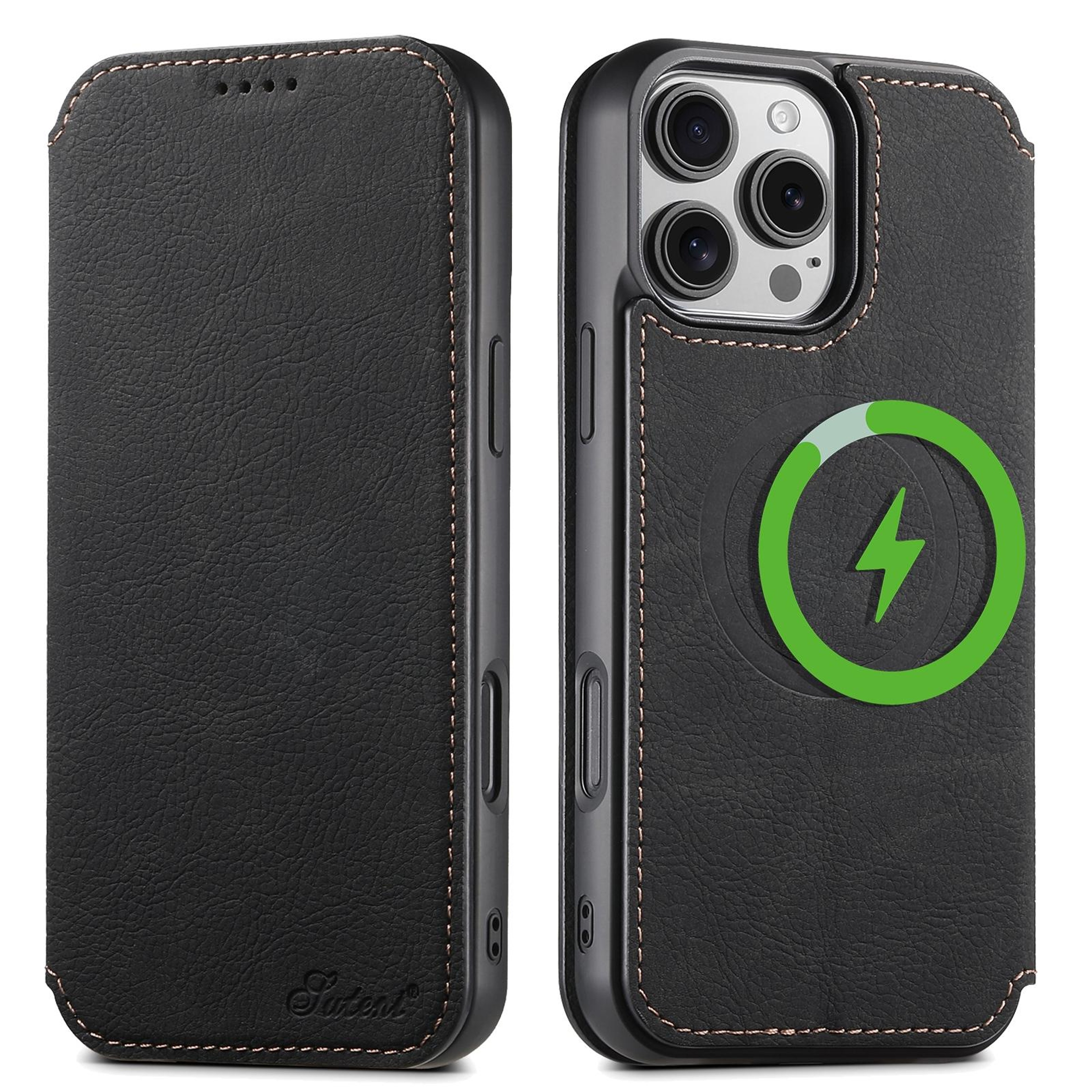 Suteni J06 IPhone 16 Pro MagSafe Case Retro Litchi Leather Wallet Case With Stand 0
