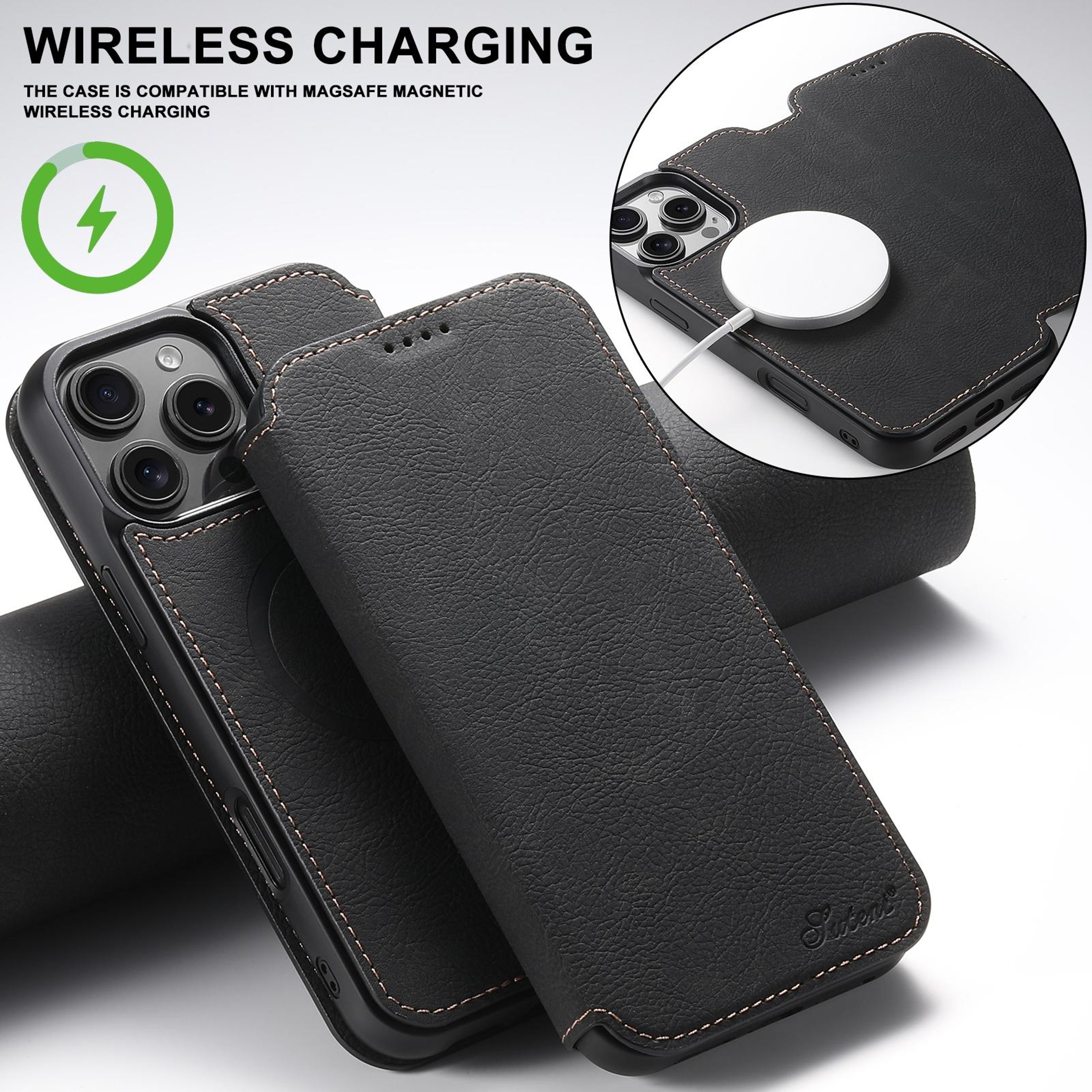 Suteni J06 IPhone 16 Pro MagSafe Case Retro Litchi Leather Wallet Case With Stand 1