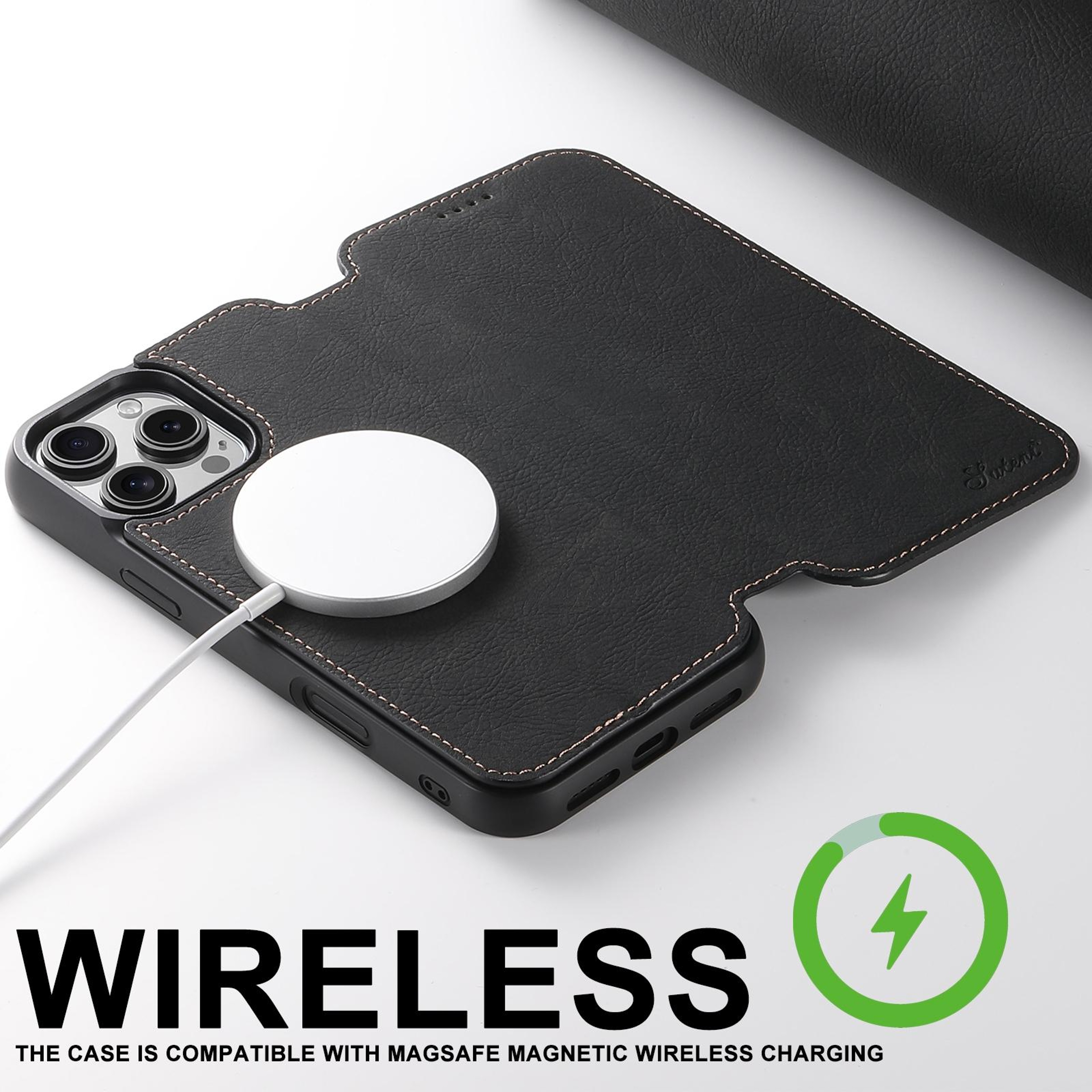 Suteni J06 IPhone 16 Pro MagSafe Case Retro Litchi Leather Wallet Case With Stand 3