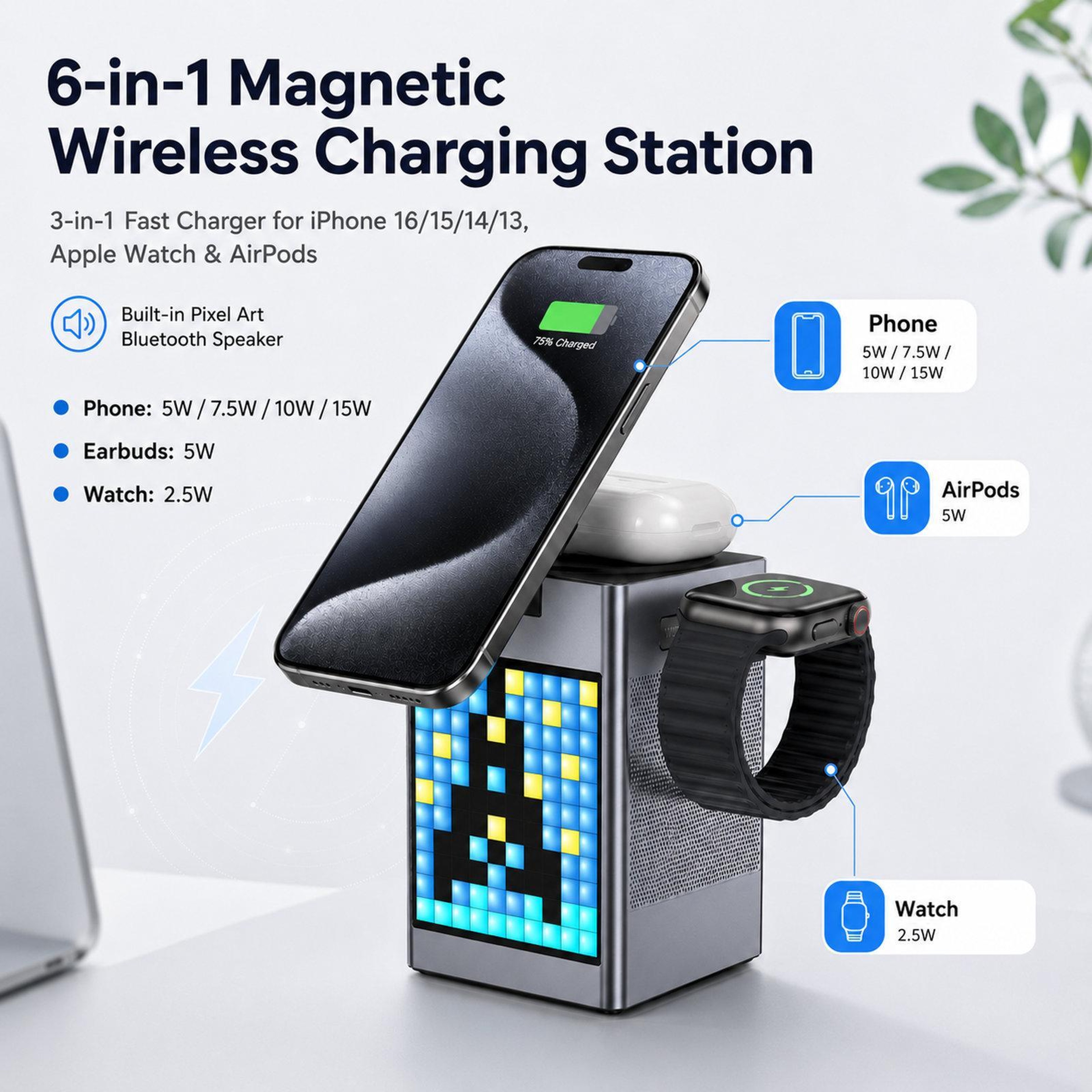 6 In 1 Wireless Charging Station Magnetic Wireless Charger with Bluetooth Speaker and Pixel Art Clock – view 4
