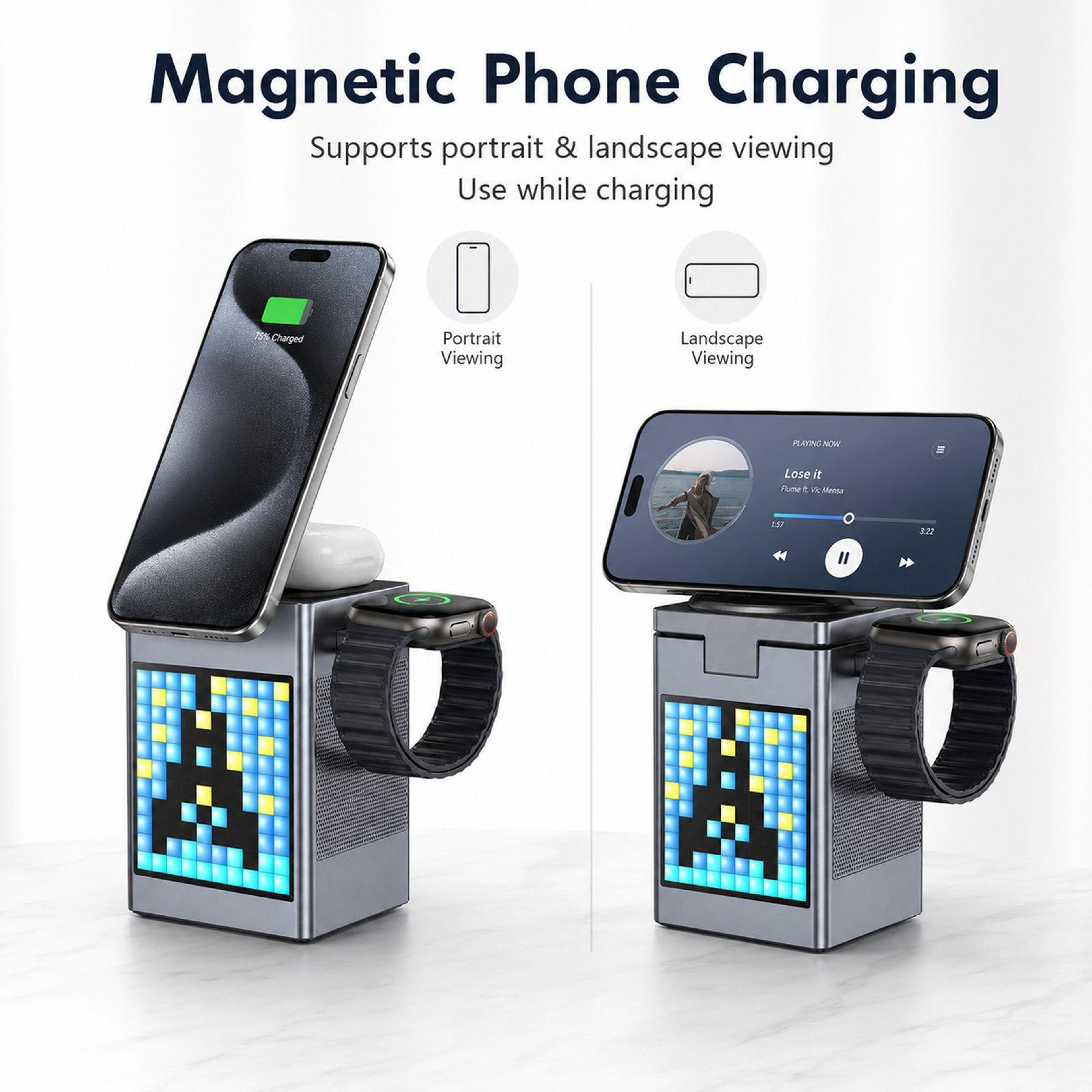 6 In 1 Wireless Charging Station Magnetic Wireless Charger with Bluetooth Speaker and Pixel Art Clock – view 6