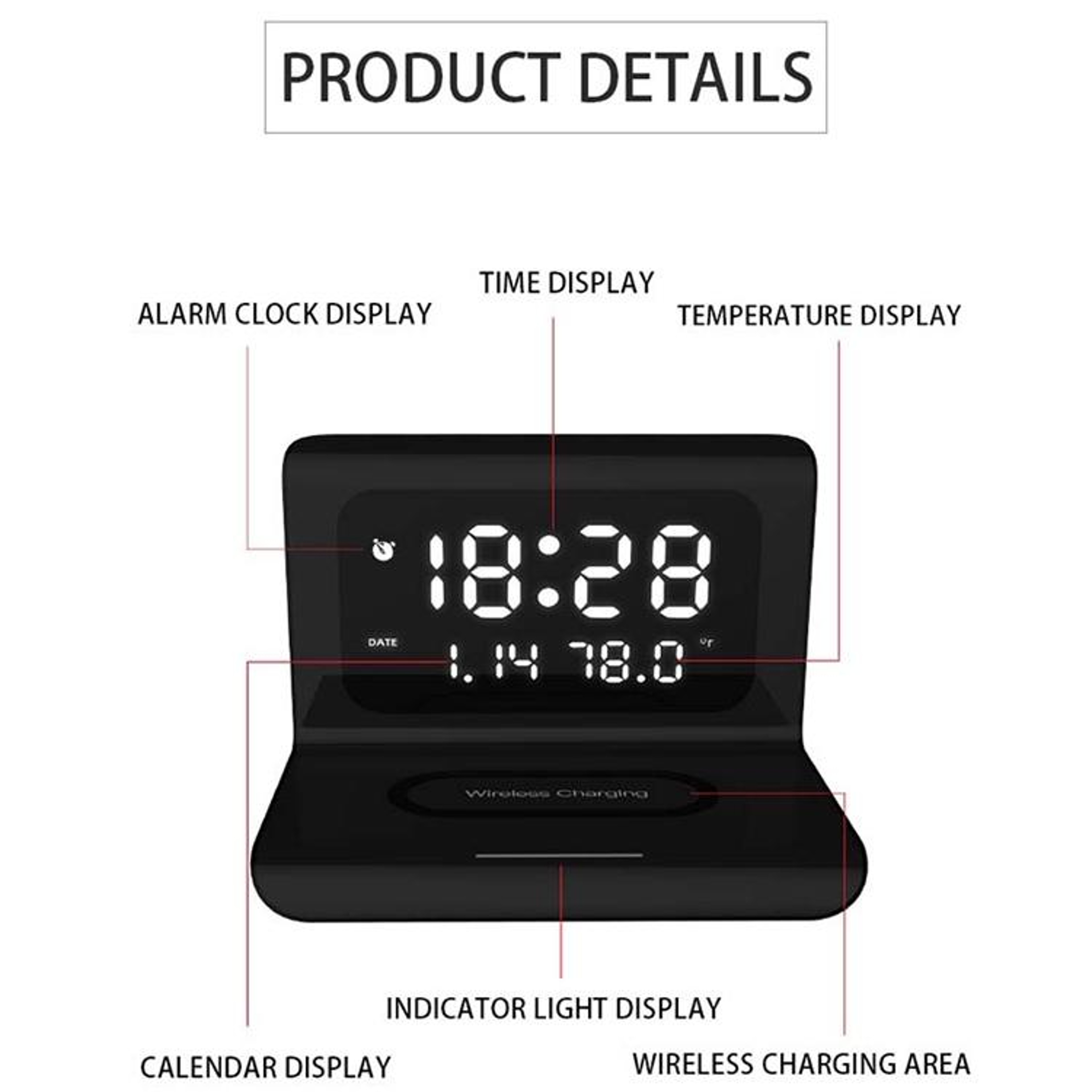 RT1 Qi Wireless Charger 10W Wireless Charging Station with Alarm Clock Calendar and Temperature Display – view 4