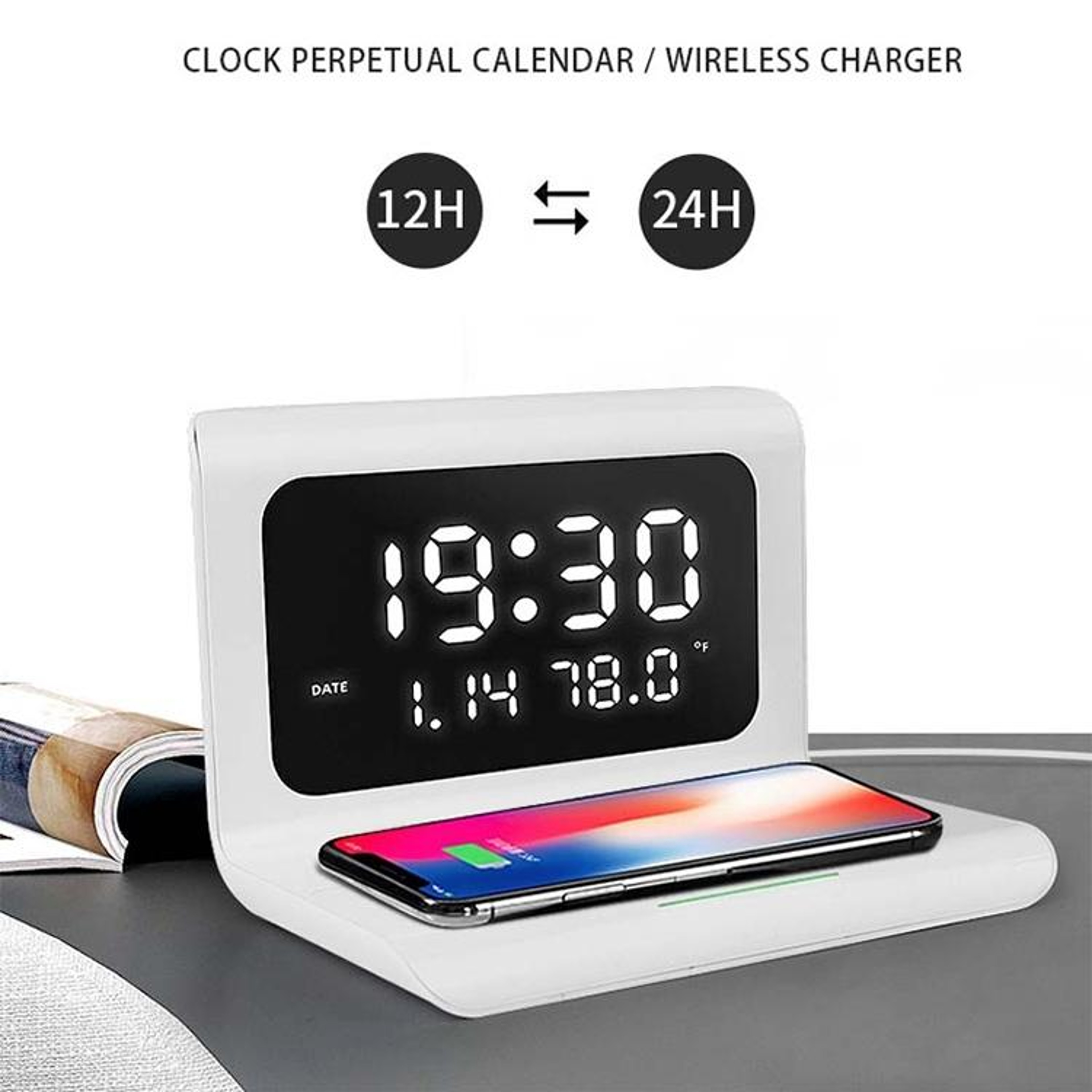 RT1 Qi Wireless Charger 10W Wireless Charging Station with Alarm Clock Calendar and Temperature Display – view 9