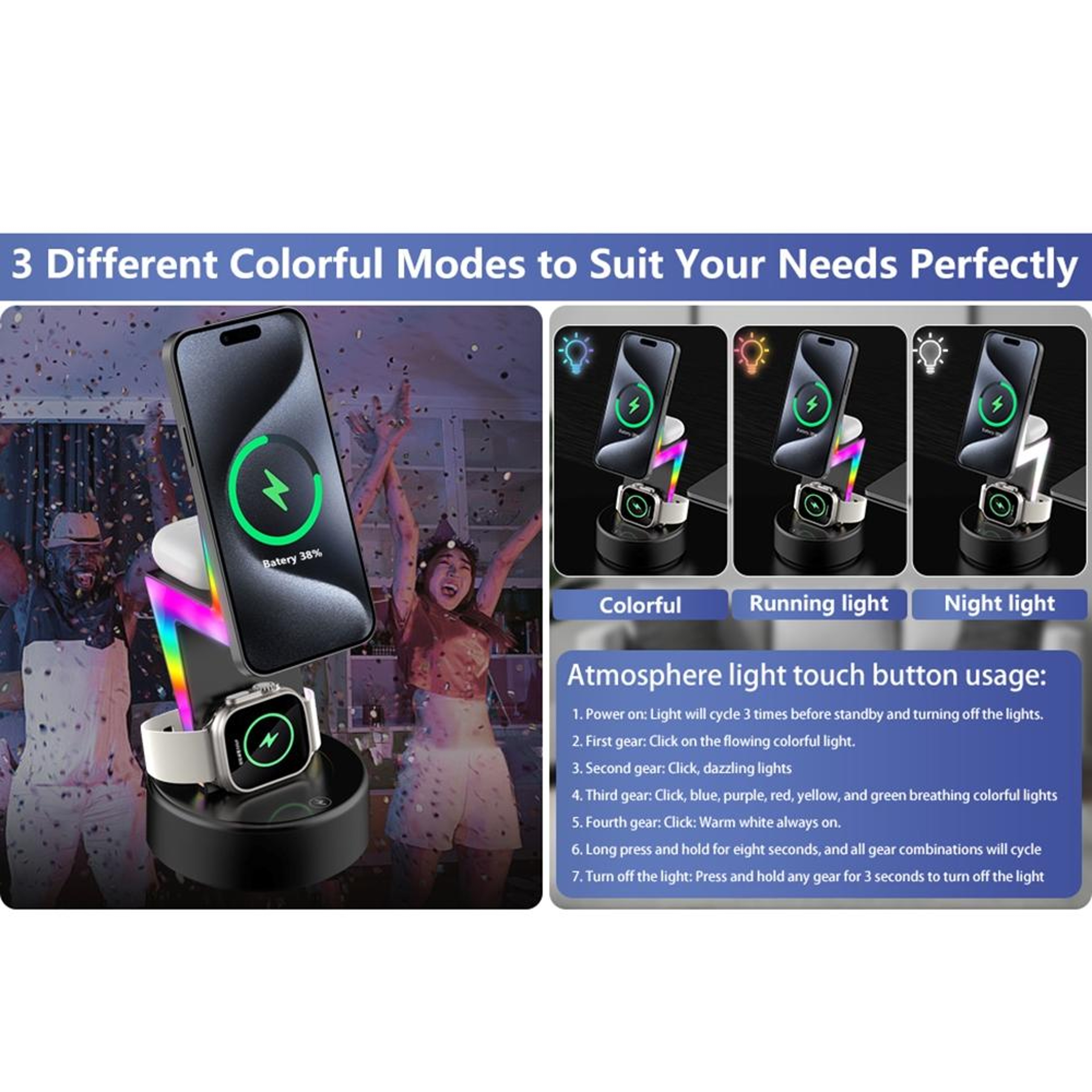 MagSafe 3 In 1 Wireless Charger Magnetic Charging Station with RGB Light for iPhone Apple Watch AirPods – view 6