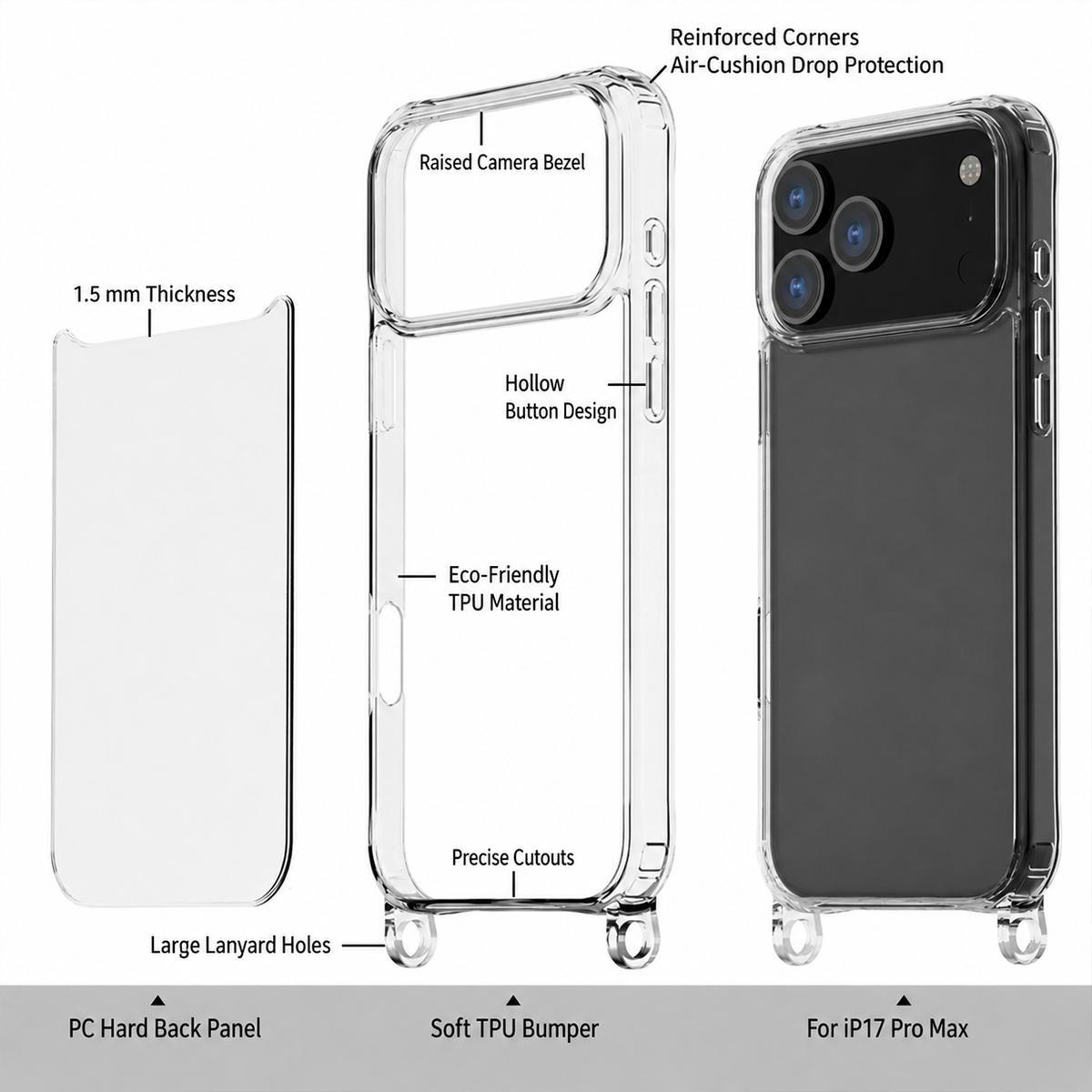 iPhone 17 Clear Phone Case with Airbag Corners Acrylic Back and Lanyard Holes – view 9