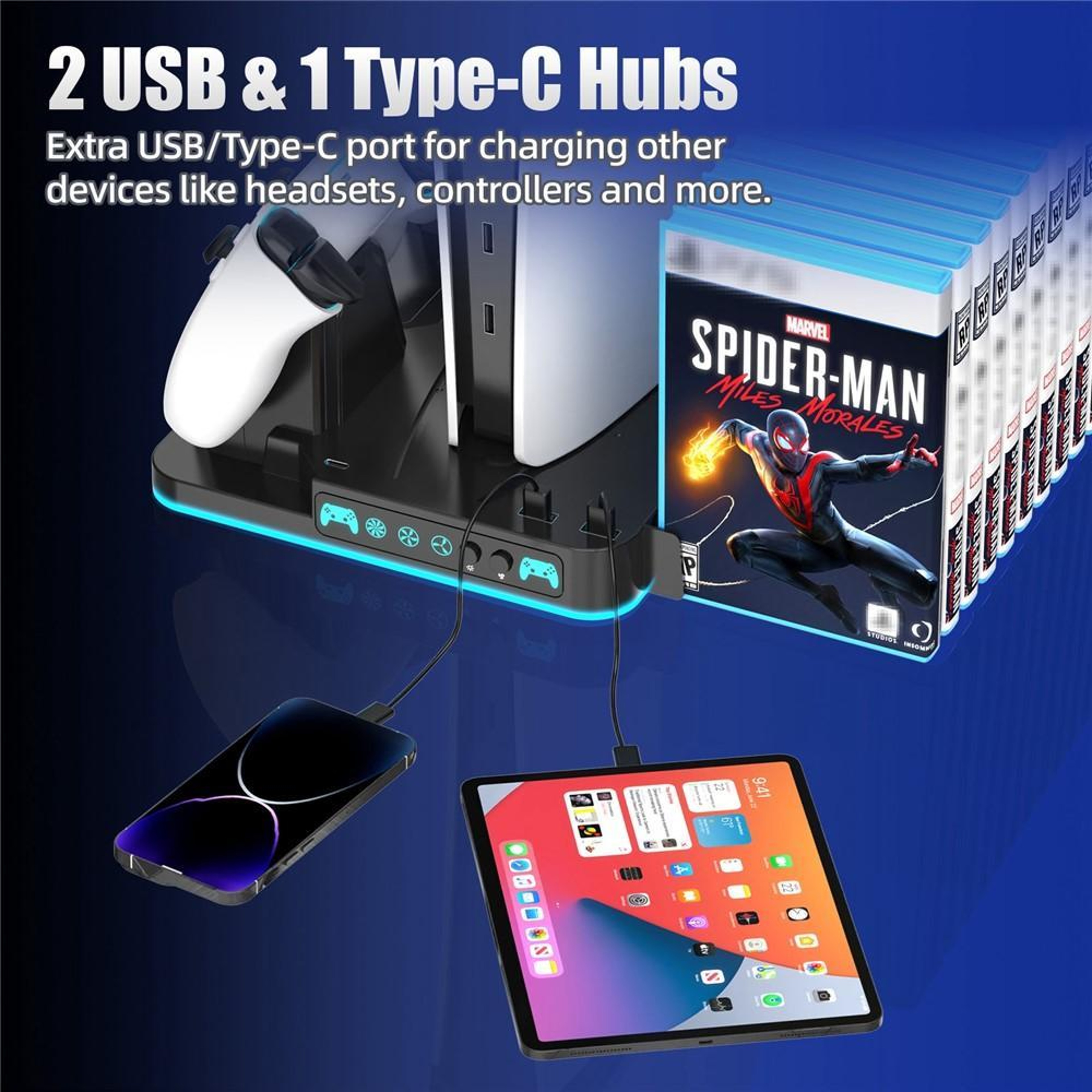 PS5 Cooling Stand with Dual Controller Charging Station, RGB Lighting and Game Storage – view 5
