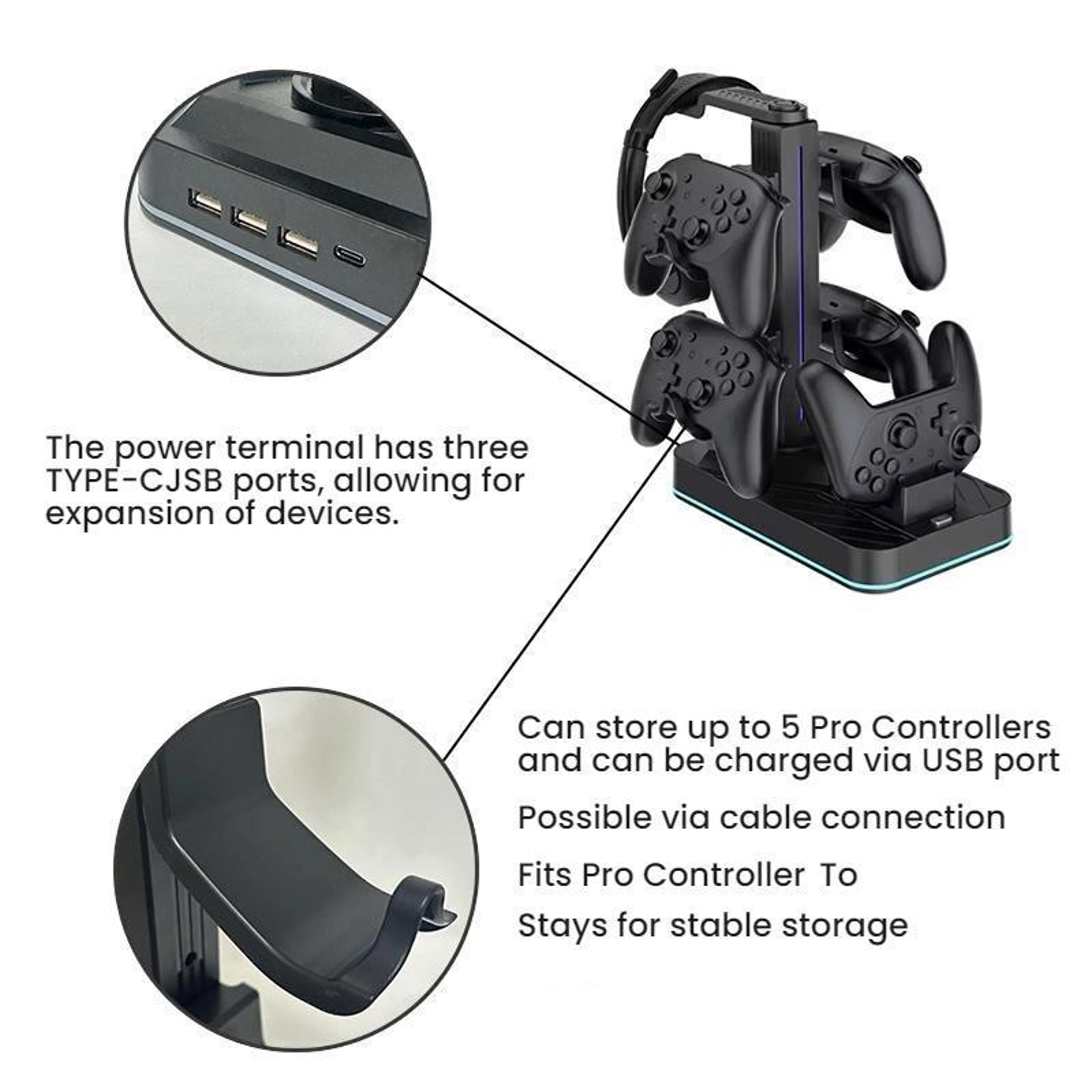 Nintendo Switch 2 Controller Charging Station with Headset Holder, USB Hub and LED Lights – view 3