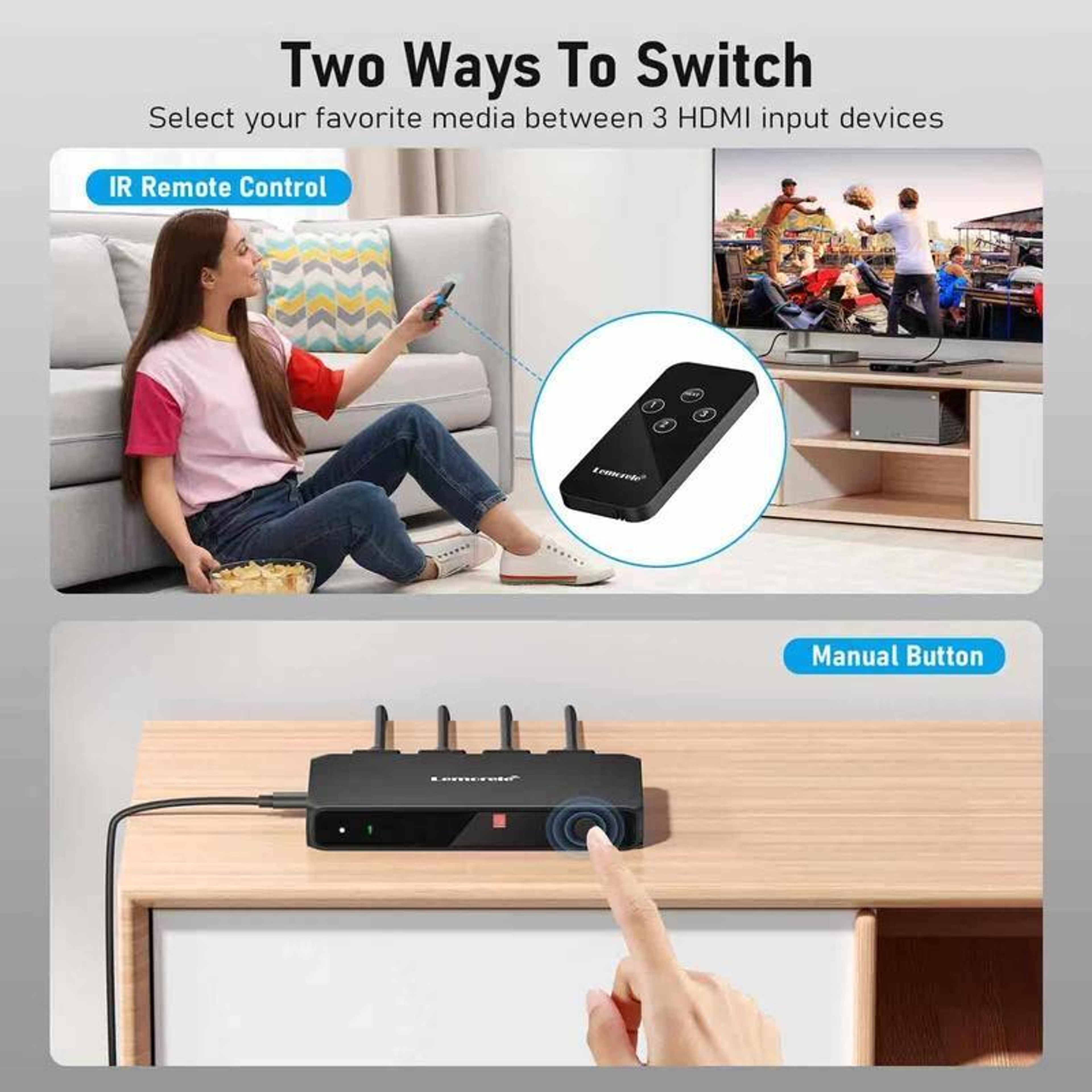 Lemorele G99 3 Port HDMI Switch 4K 60Hz HDR with Remote Control – view 4