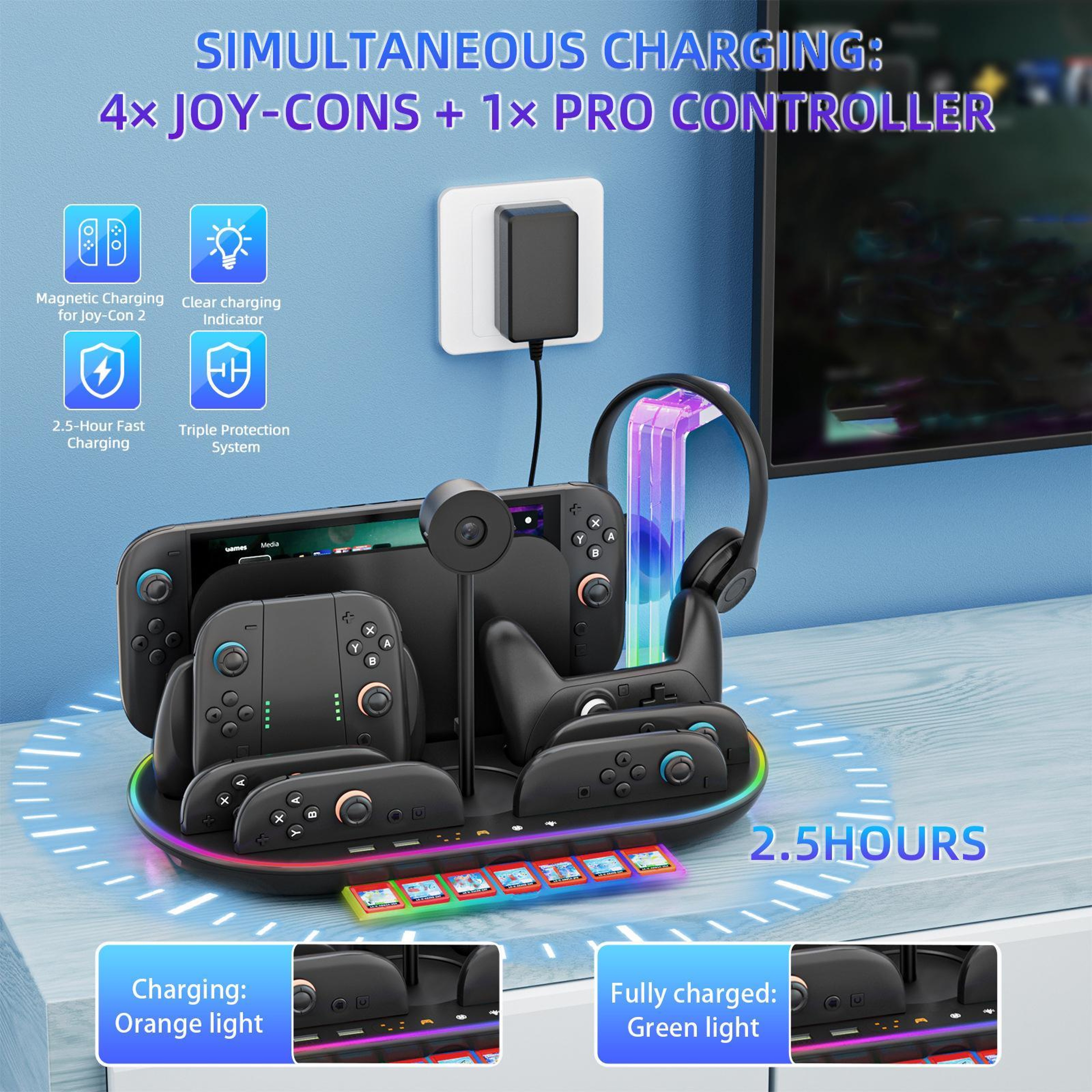 JYS NS2322 Nintendo Switch 2 Charging Station with Cooling Fans, RGB Light and Controller Storage – view 13