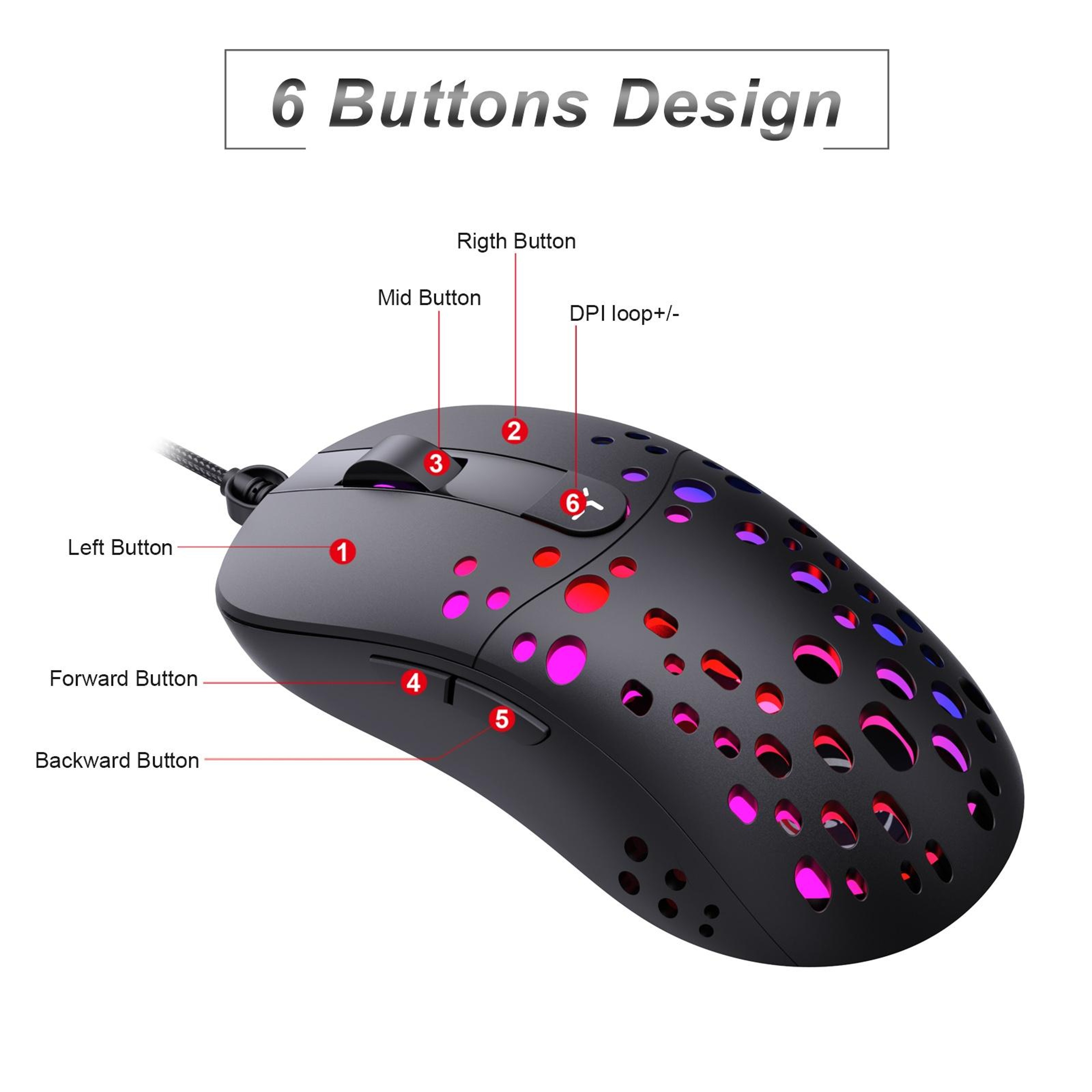 HXSJ A904 RGB Wired Gaming Mouse with 8000 DPI and 6 Programmable Buttons – view 8