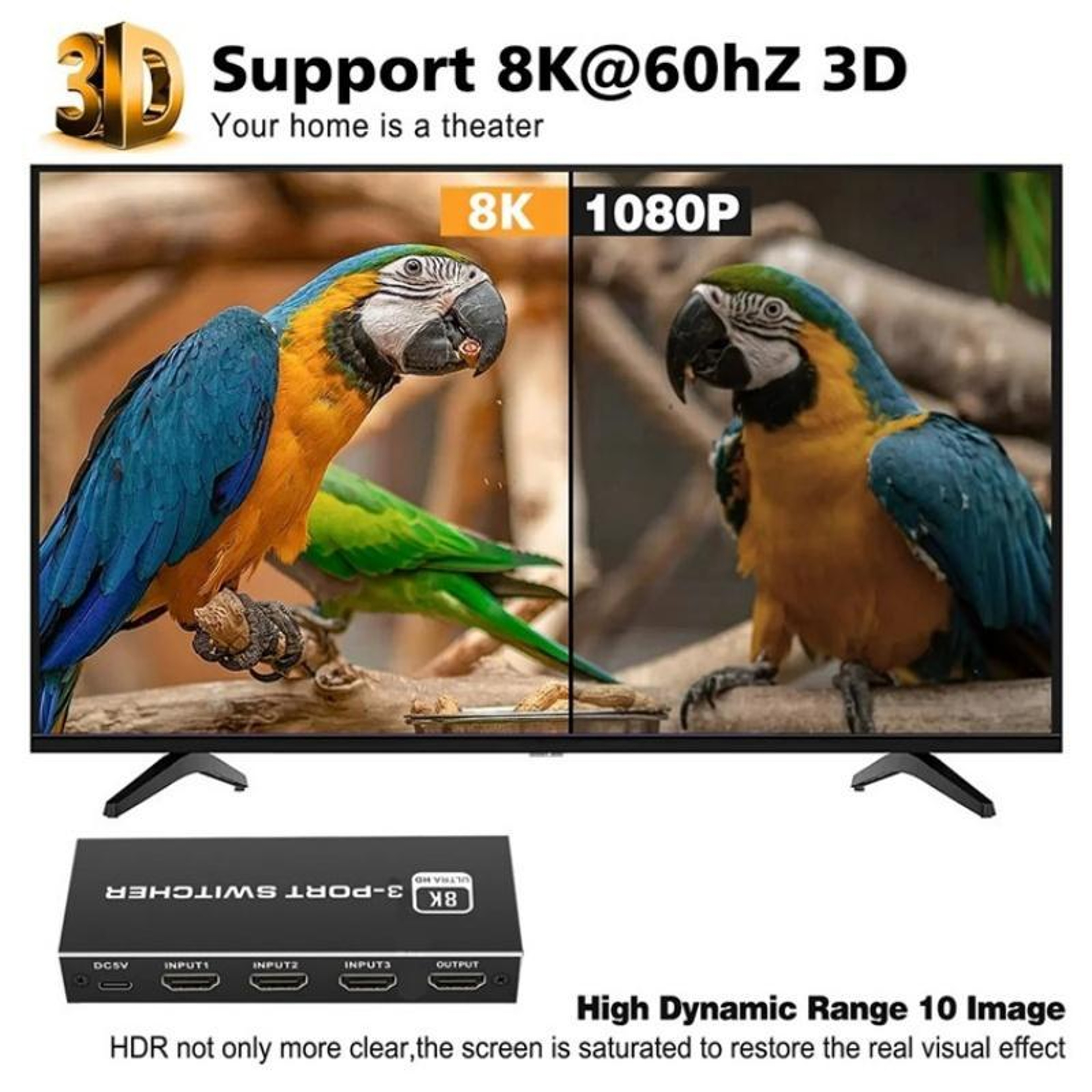 Q8Q3-3 8K HDMI 2.1 Switch 3x1 with 4K 120Hz, HDR, VRR and Remote Control – view 3