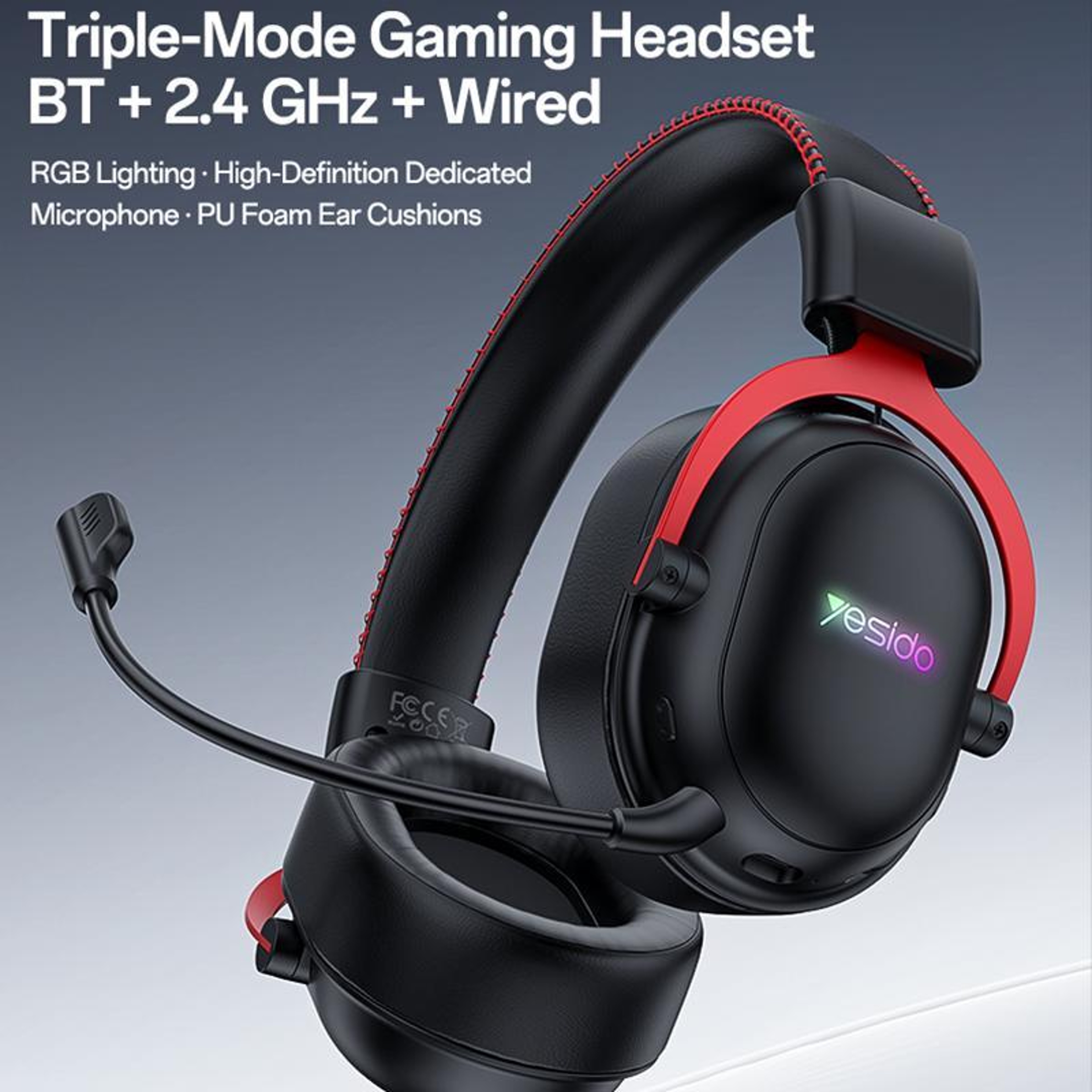 Yesido EK07 Tri-Mode Wireless Gaming Headset with RGB Lighting, 50mm Drivers and Detachable Mic – view 6