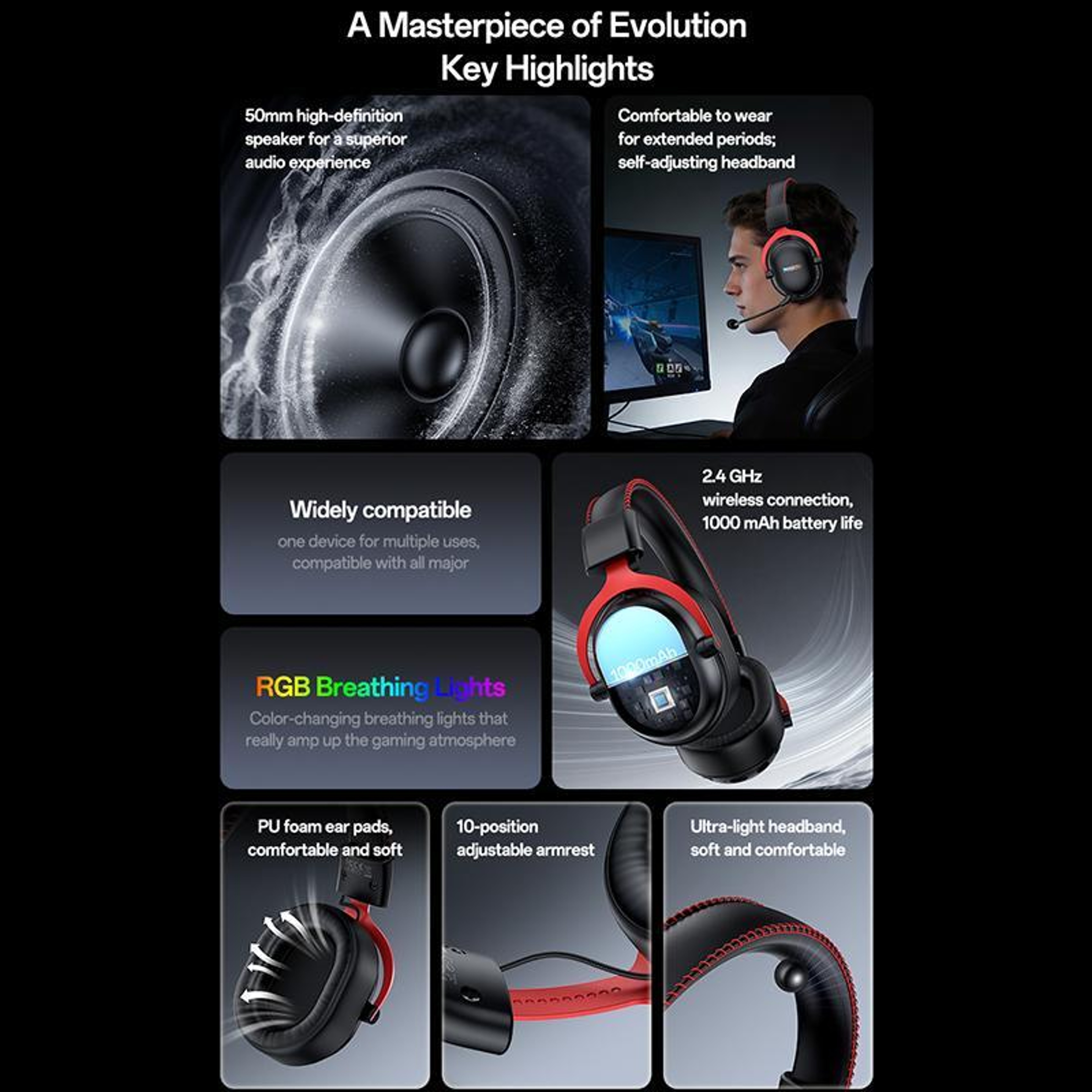 Yesido EK07 Tri-Mode Wireless Gaming Headset with RGB Lighting, 50mm Drivers and Detachable Mic – view 7