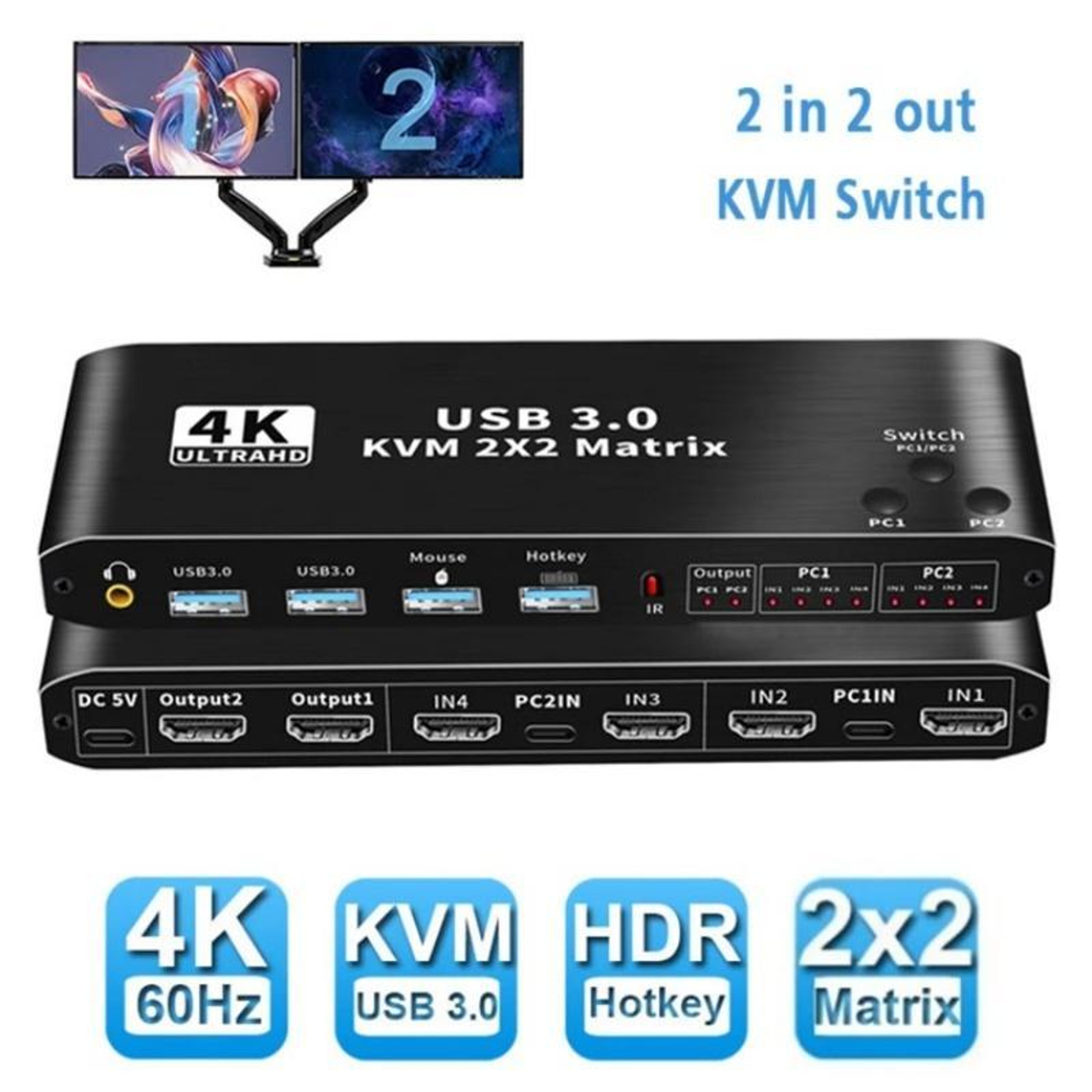 K3-1 4K KVM Switch 2x2 HDMI Matrix with Dual Monitor, USB 3.0 and Remote Control – view 5