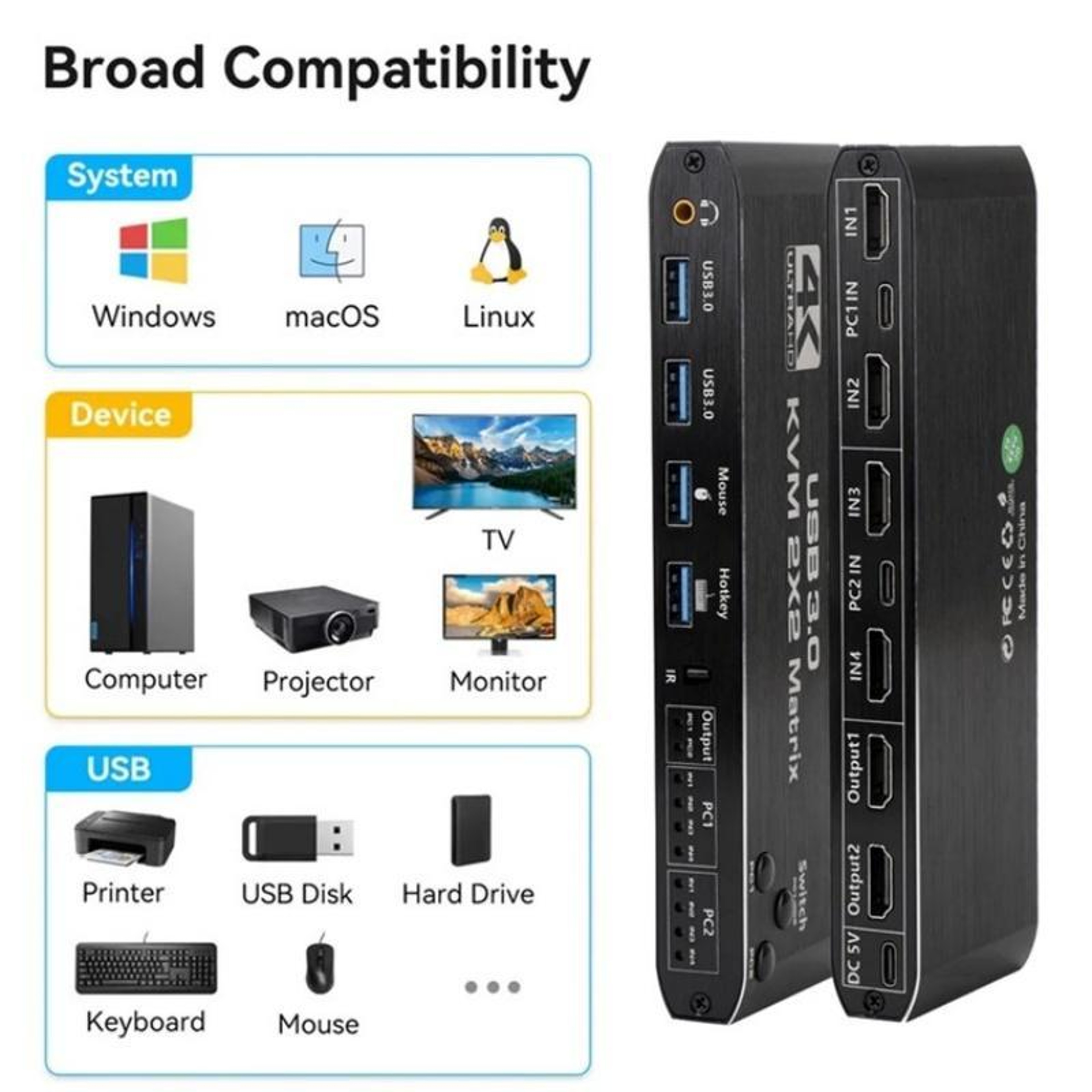 K3-1 4K KVM Switch 2x2 HDMI Matrix with Dual Monitor, USB 3.0 and Remote Control – view 10