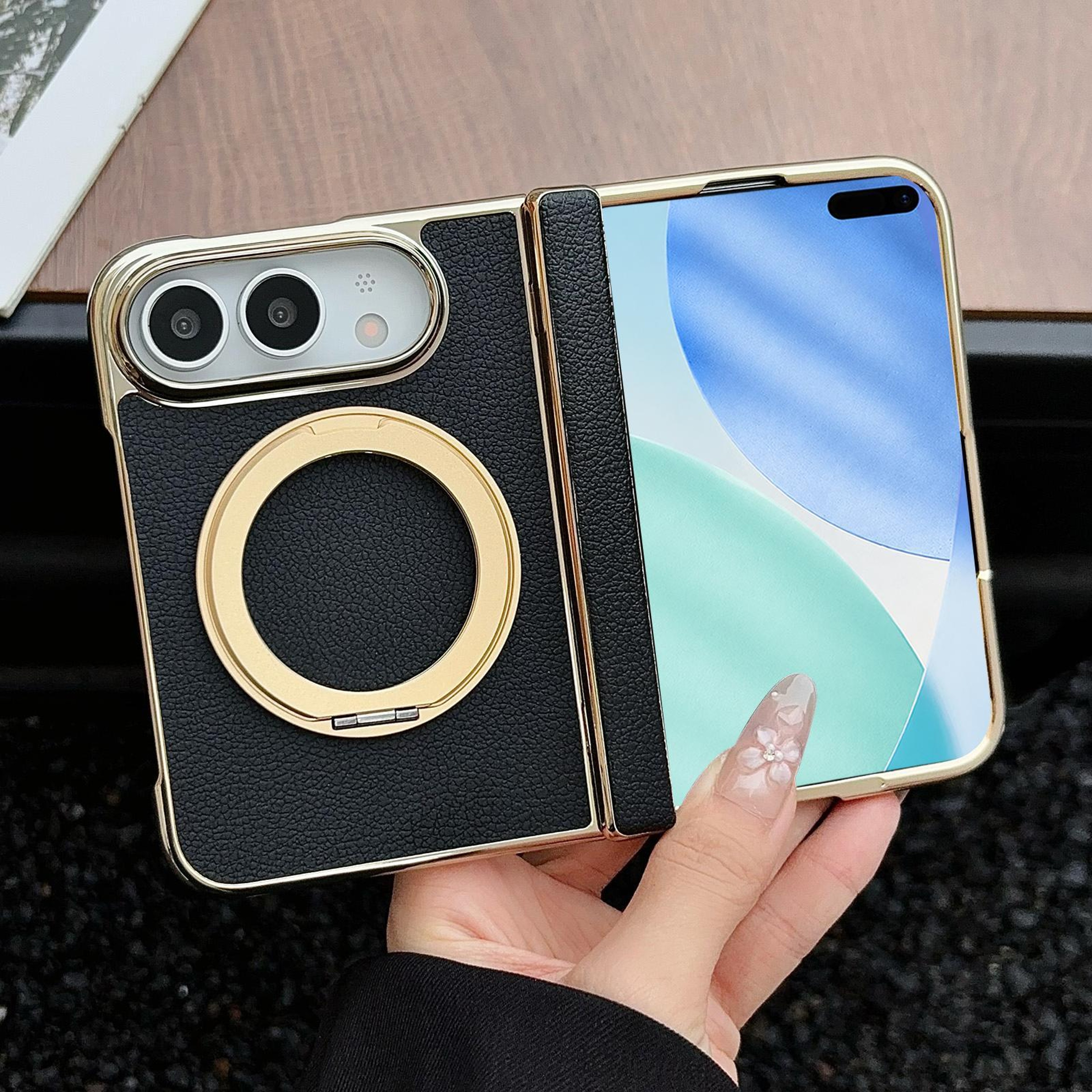 iPhone Duo Magnetic Litchi Texture Case with Rotating Stand and Full-Edge Protection – view 1