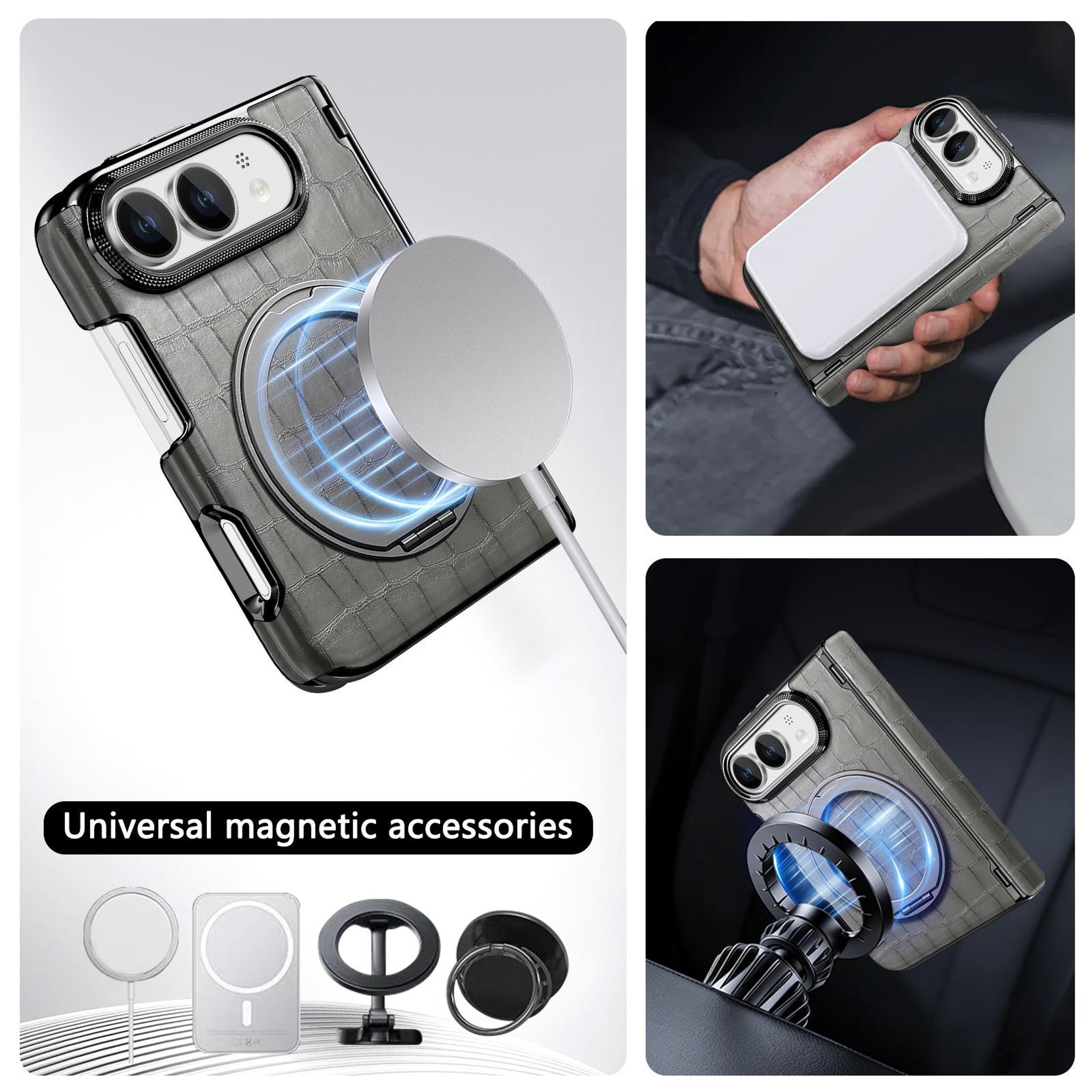 iPhone Duo Retro Crocodile Texture Dual-Hinge Magnetic Holder Case – view 11