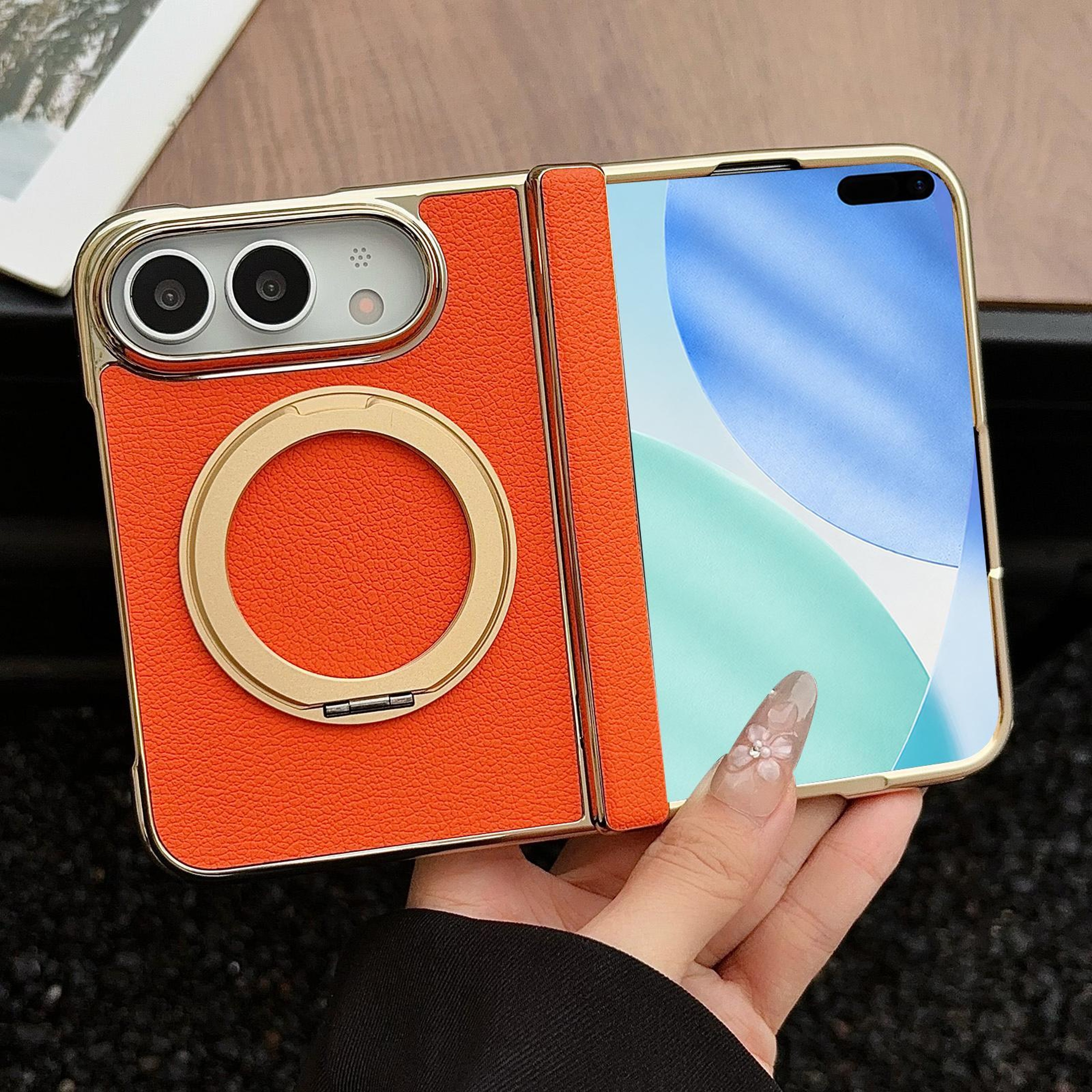 iPhone Duo Litchi Texture Magnetic Phone Case with Rotating Bracket – view 1