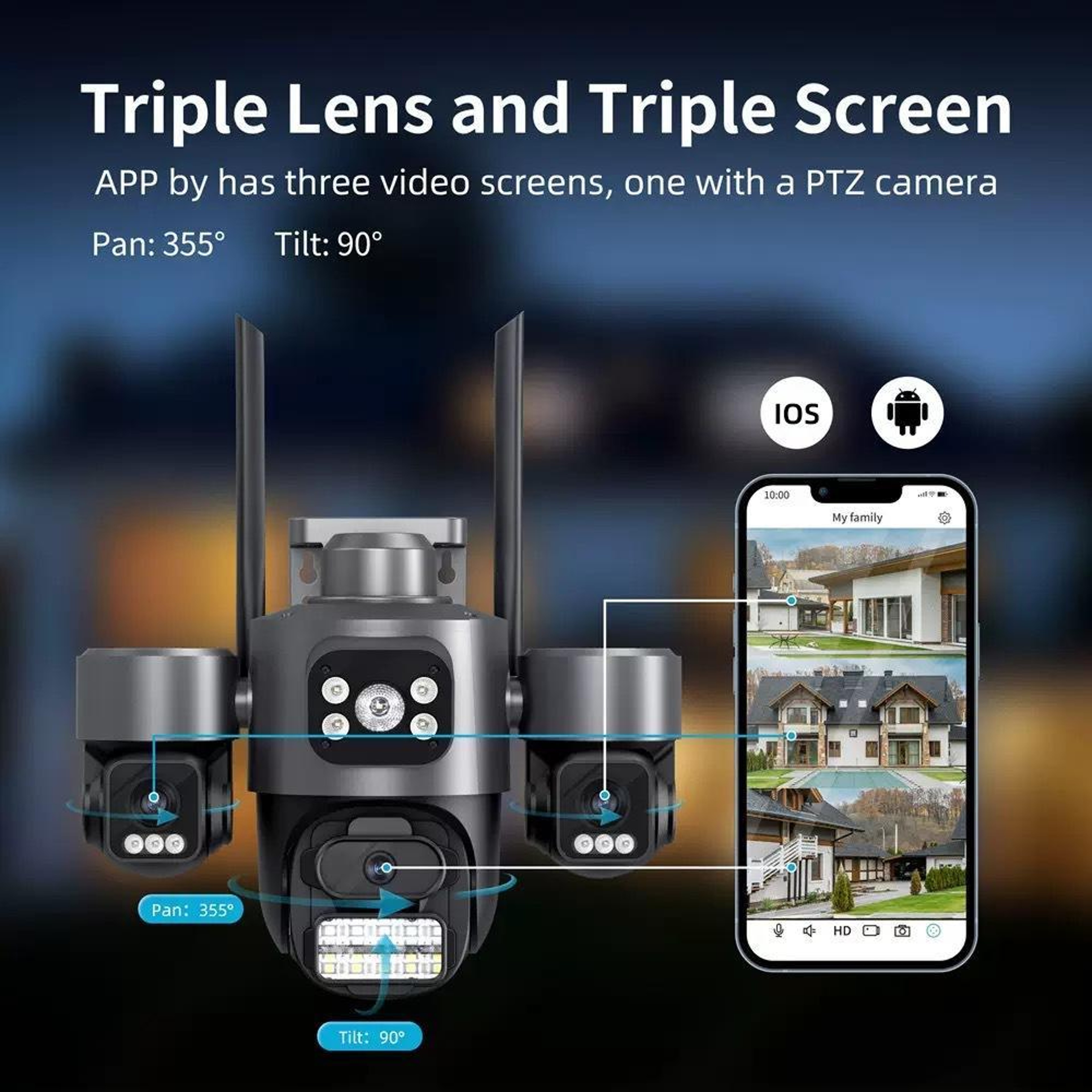 Triple-Lens 3MP WiFi Security Camera with Pan Tilt Control and Color Night Vision – view 9