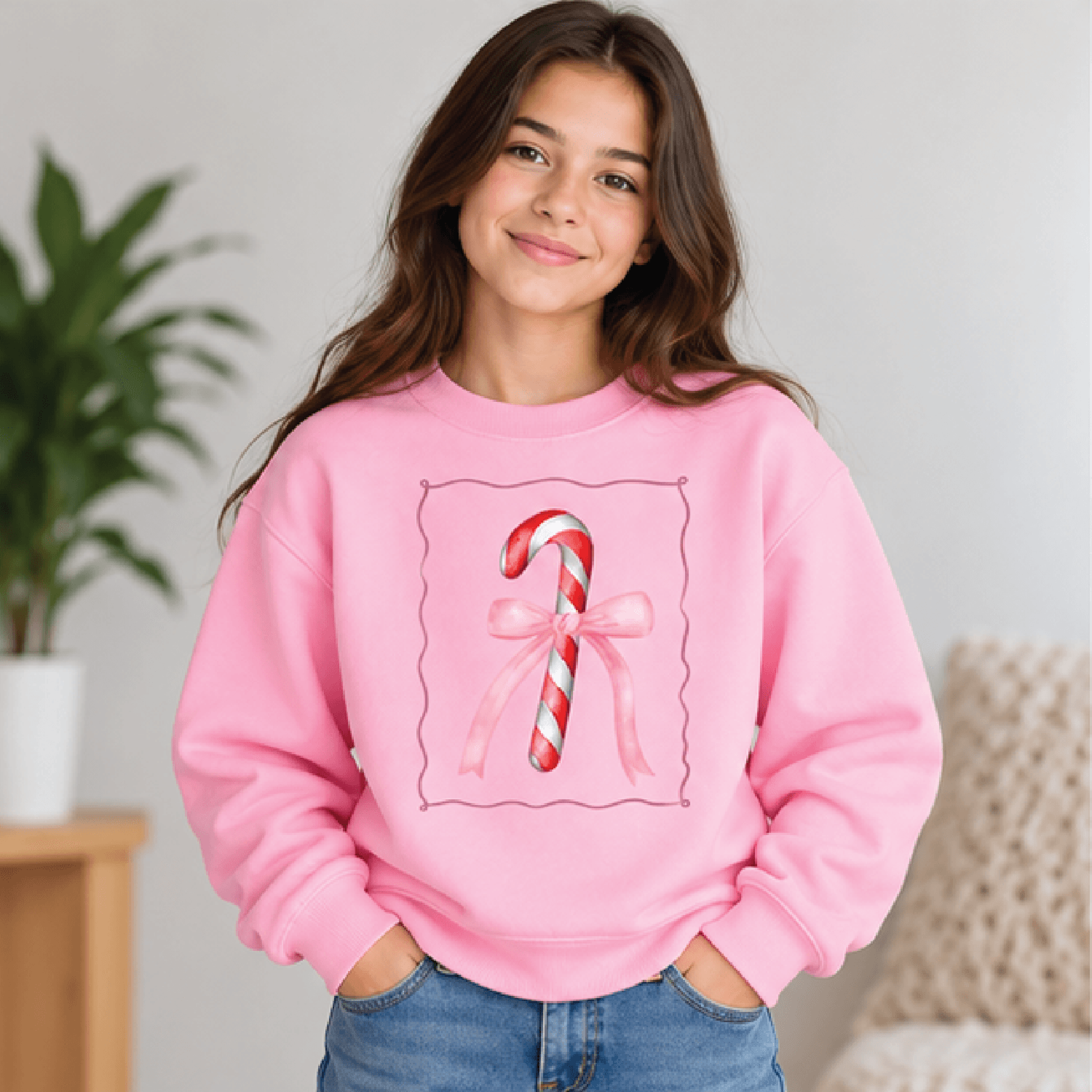 Pink Candy Cane Christmas Sweatshirt Kids Holiday Crewneck Youth Retro Christmas Sweater Coquette B 2