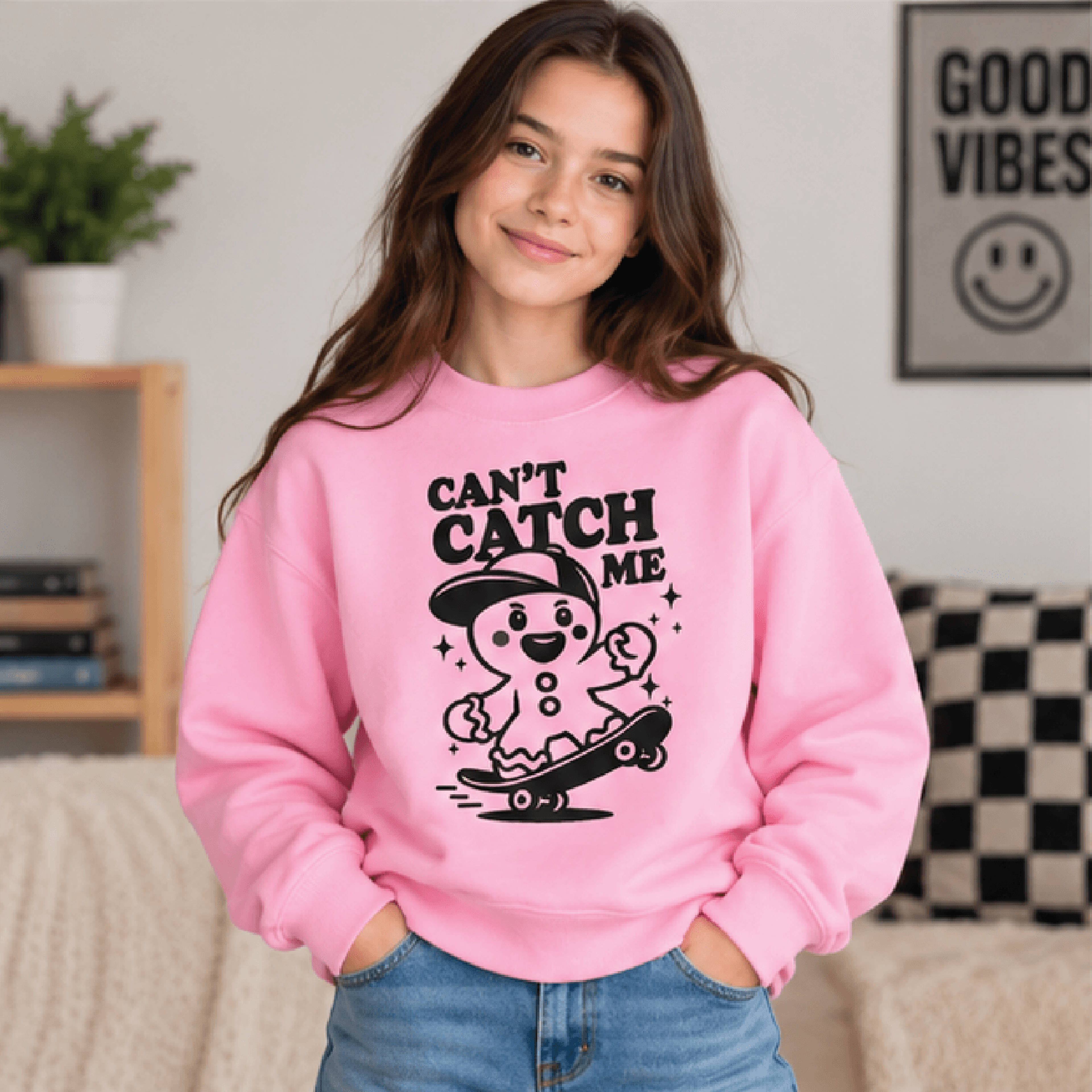 Cant Catch Me Christmas Sweatshirt Kids Gingerbread Crewneck Youth Skateboard Holiday Sweater Funny
